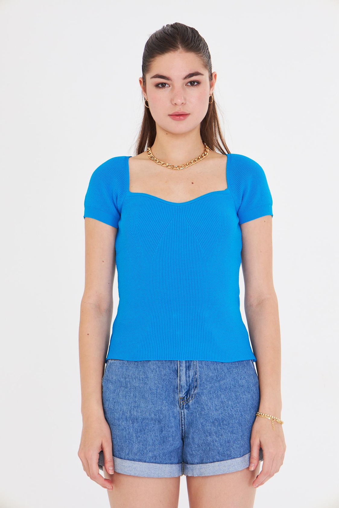 Geniş Yaka Kısa Kol Triko - Mavi