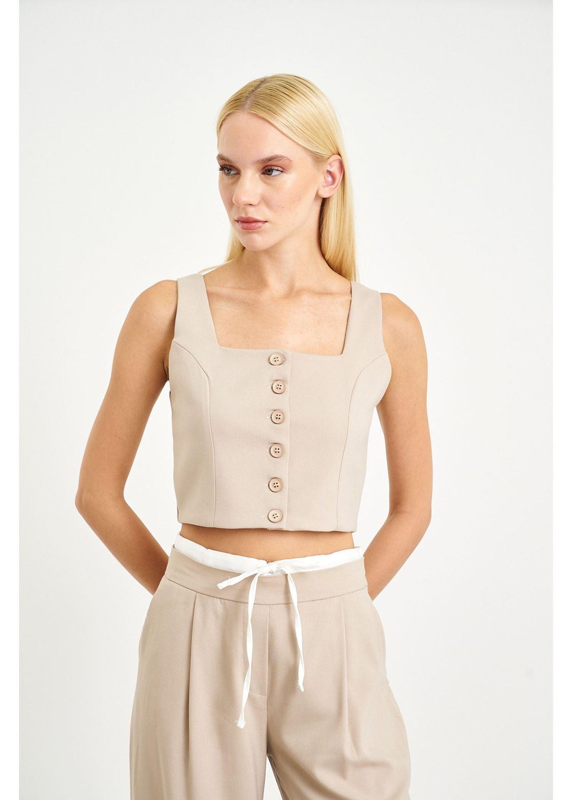 Gipeli Önü Düğmeli Büstiyer Yelek-Vizon