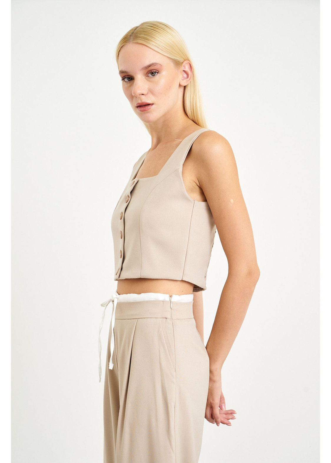 Gipeli Önü Düğmeli Büstiyer Yelek-Vizon