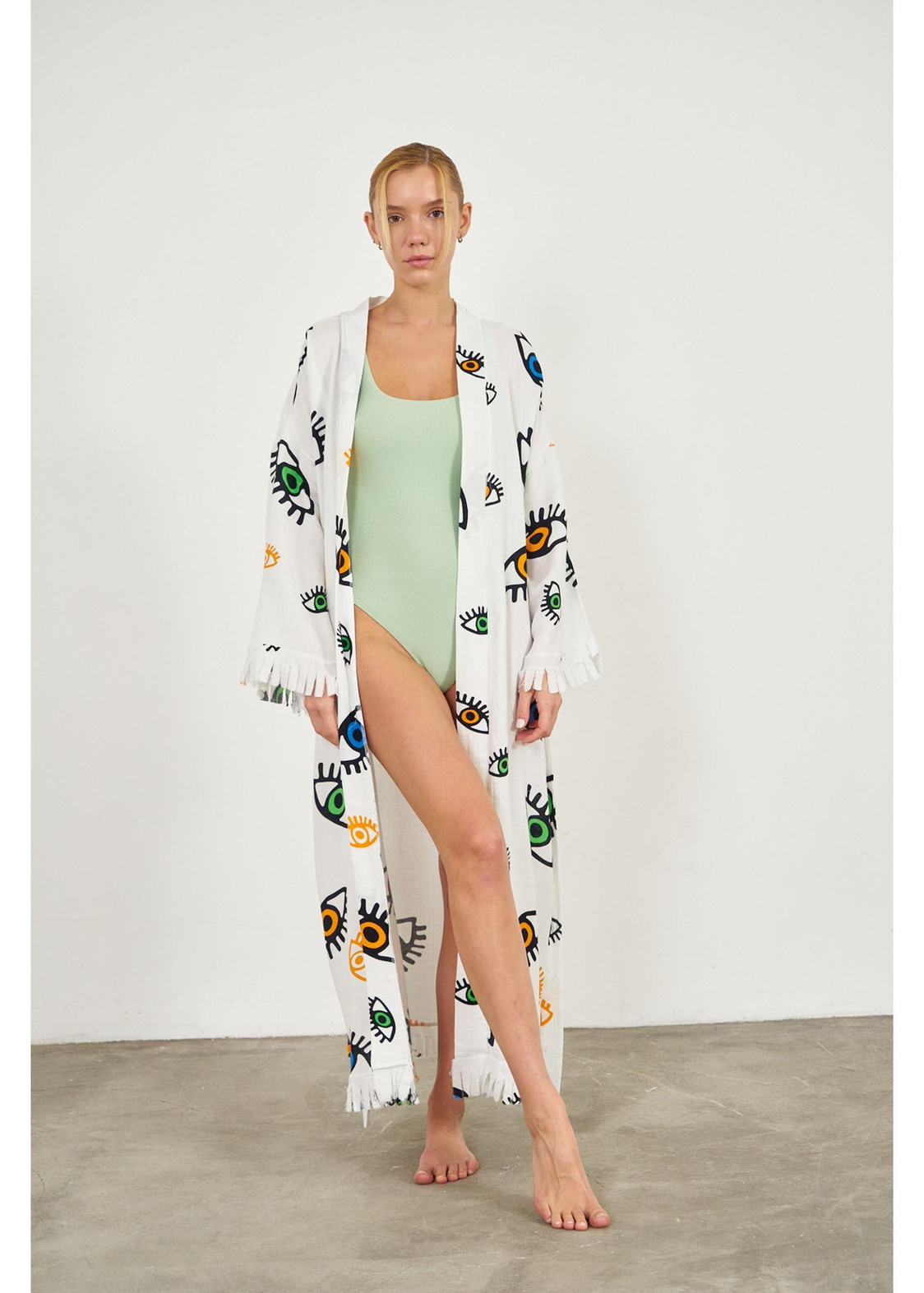 Göz Baskılı Püsküllü Müslin Kimono-Ekru