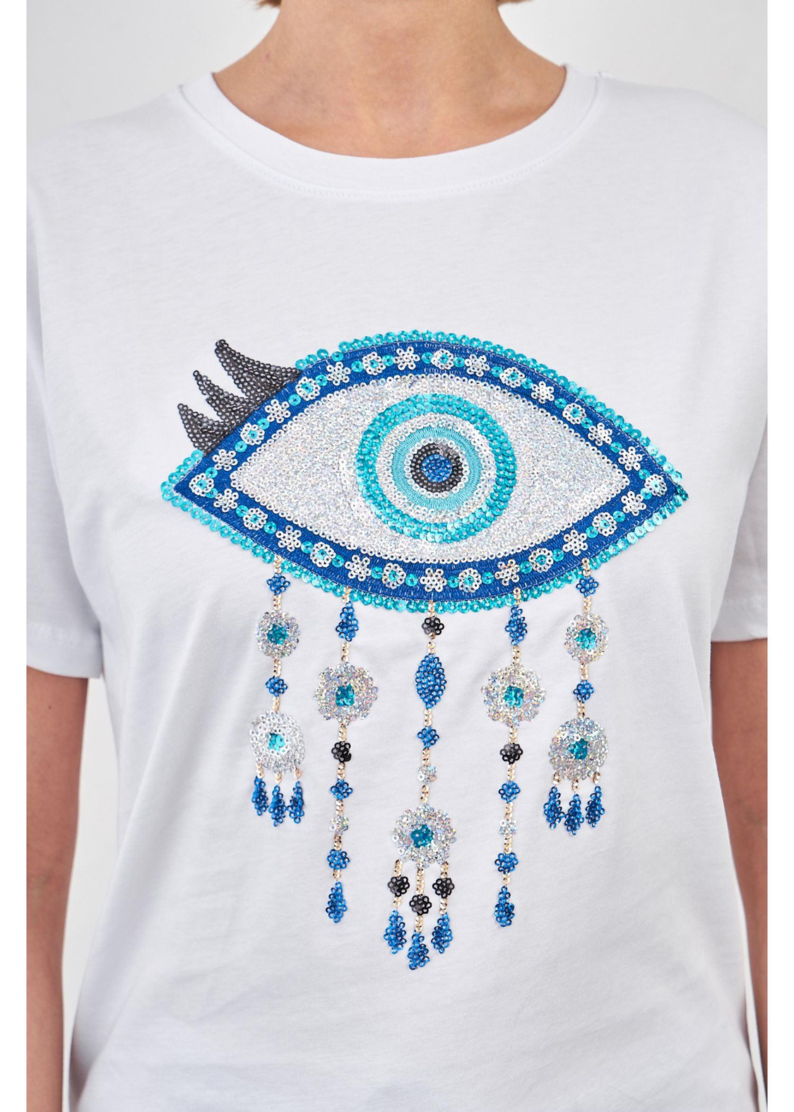 Göz Baskılı T-shirt-Beyaz
