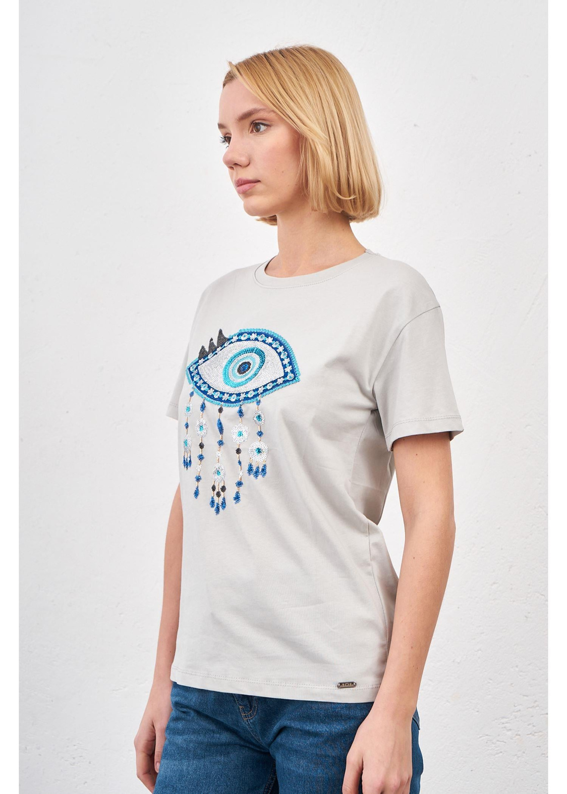 Göz Baskılı T-shirt-Gri