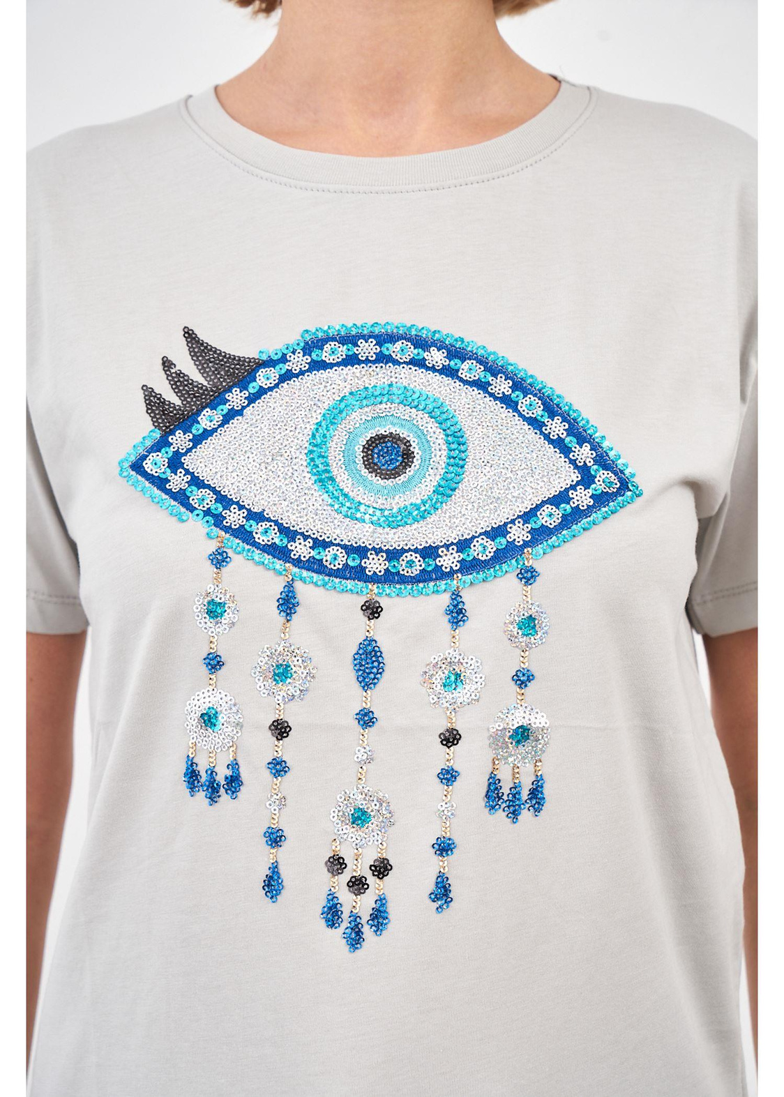 Göz Baskılı T-shirt-Gri