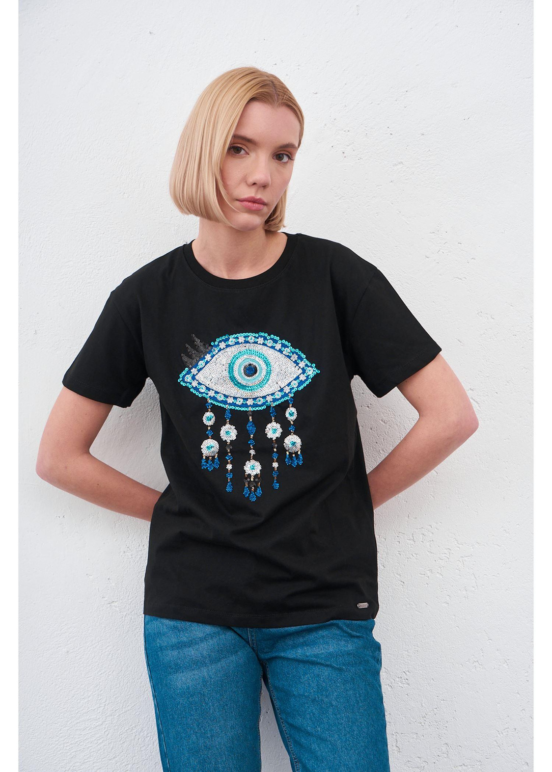Göz Baskılı T-shirt-Siyah