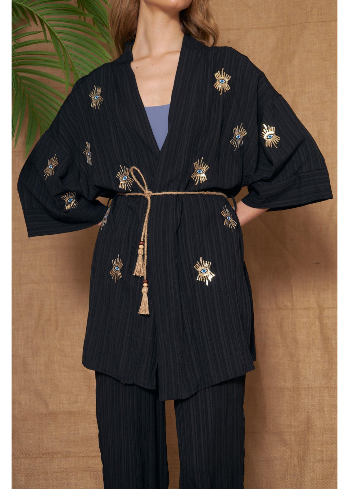 Göz Nakışlı Keten Kimono-Siyah