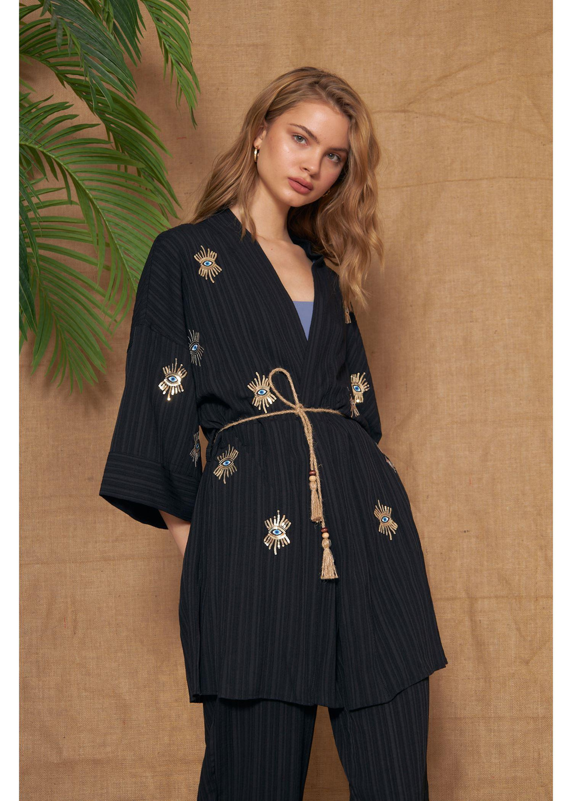 Göz Nakışlı Keten Kimono-Siyah