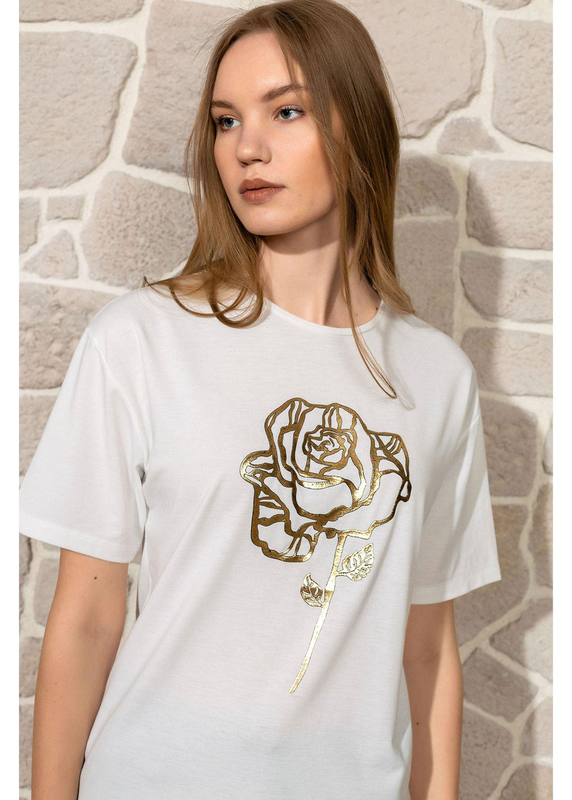 Gül Baskılı Basic T-shirt-Ekru