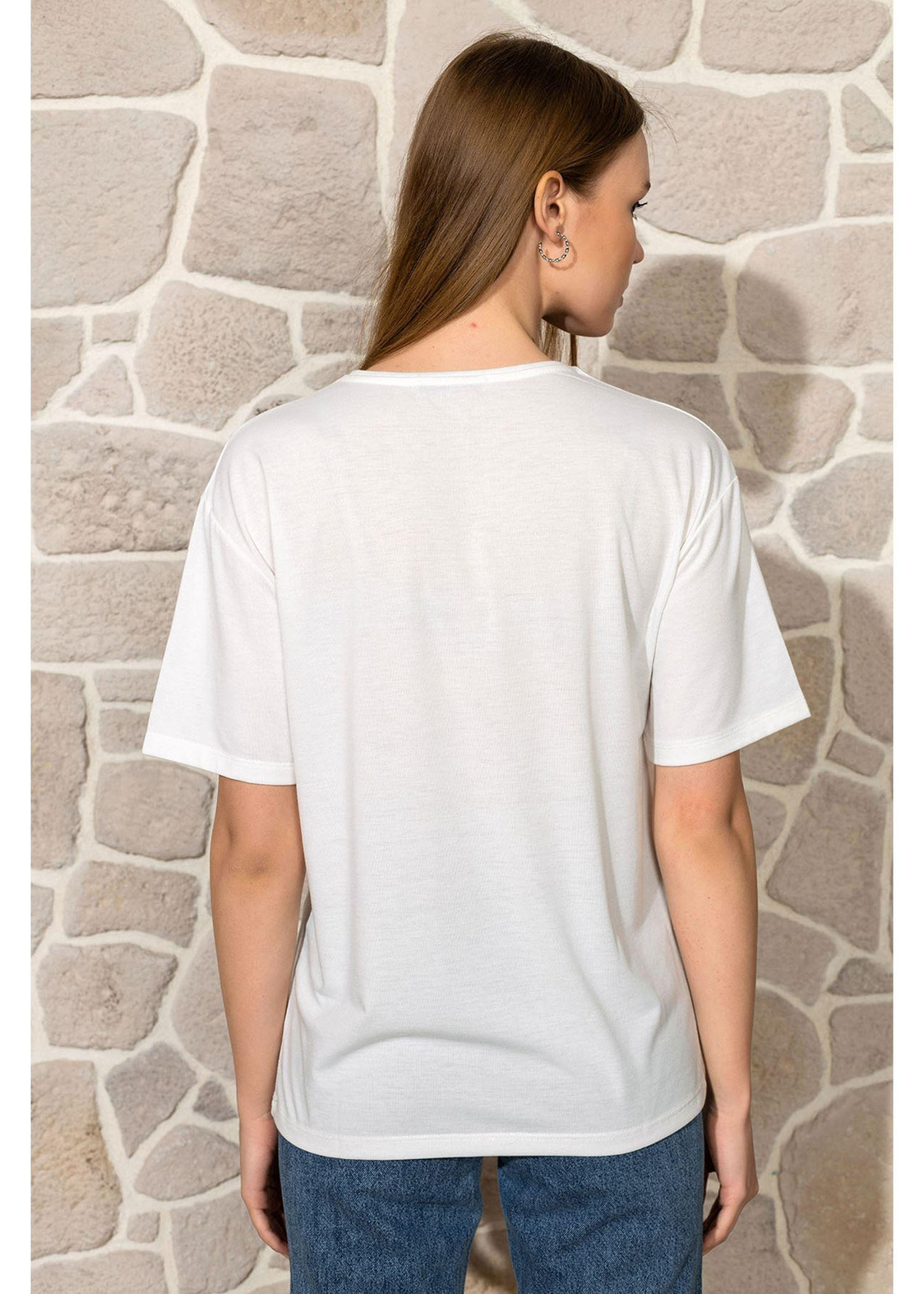 Gül Baskılı Basic T-shirt-Ekru