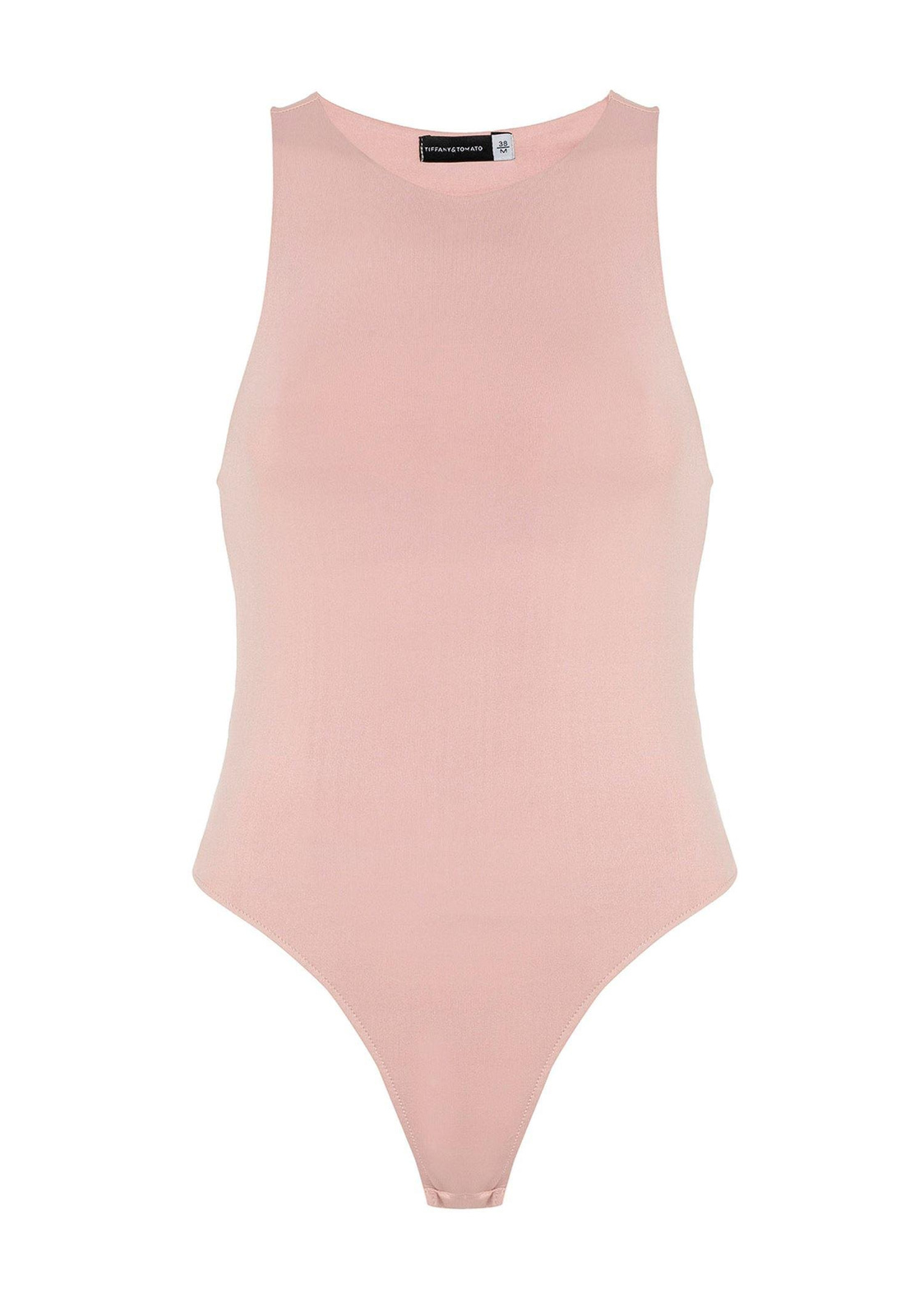 Halter Yaka Çıt Çıtlı Bodysuit-Pudra