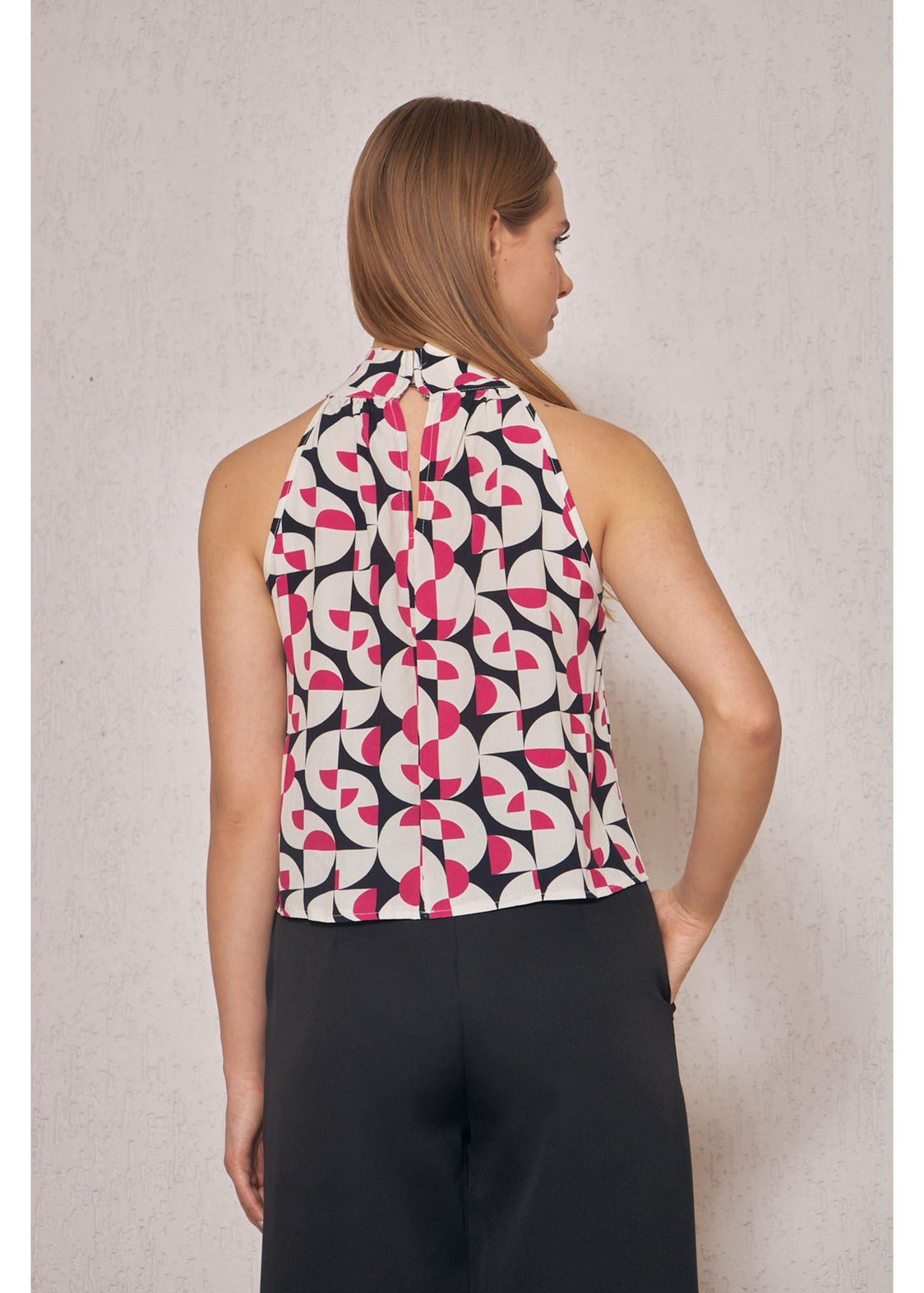 Halter Yaka Desenli Top Bluz-Fuşya