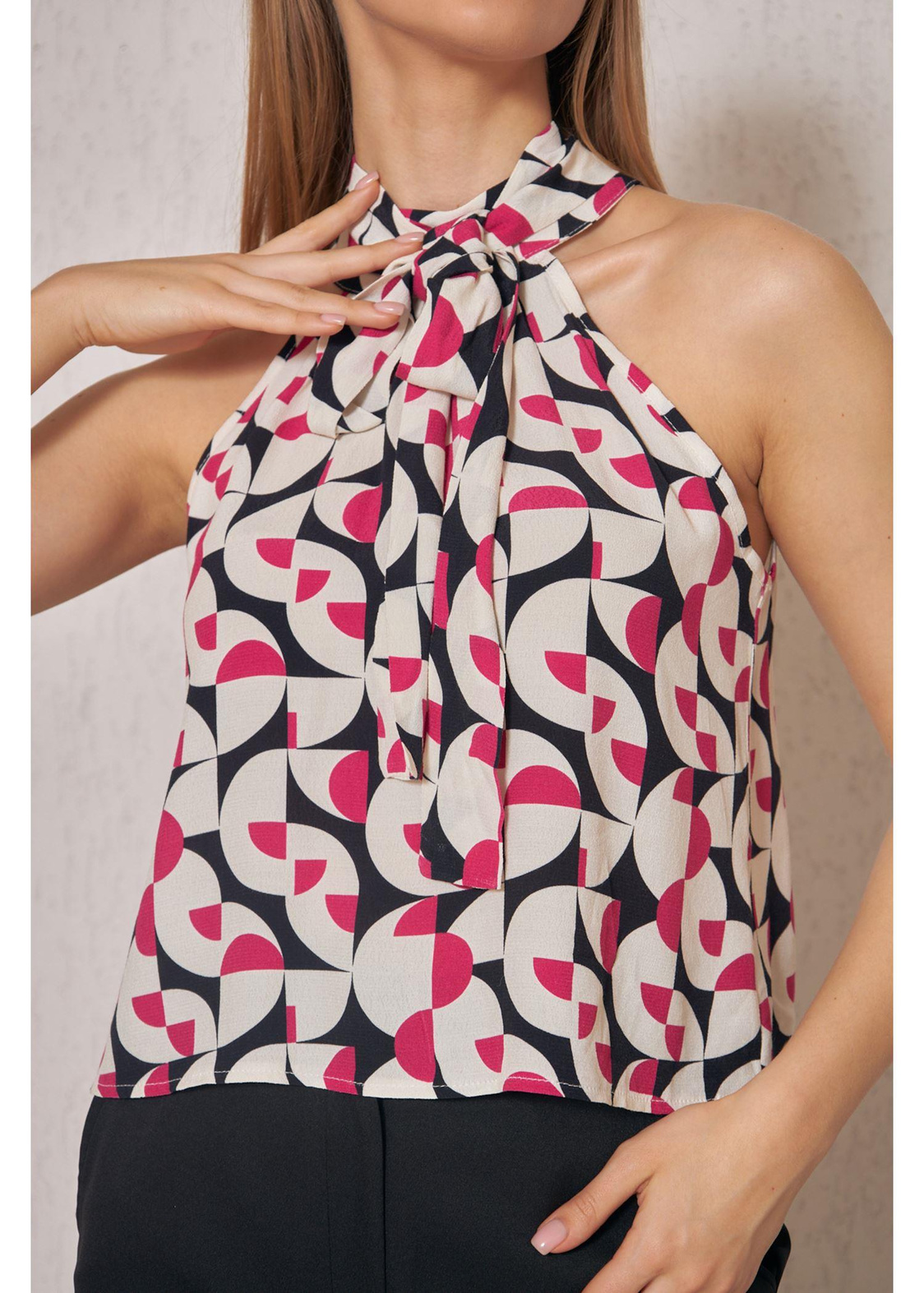 Halter Yaka Desenli Top Bluz-Fuşya