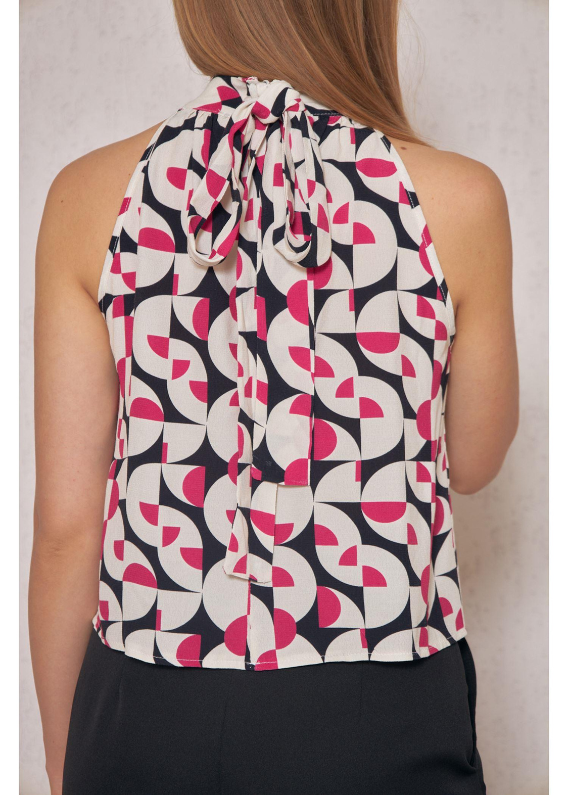 Halter Yaka Desenli Top Bluz-Fuşya