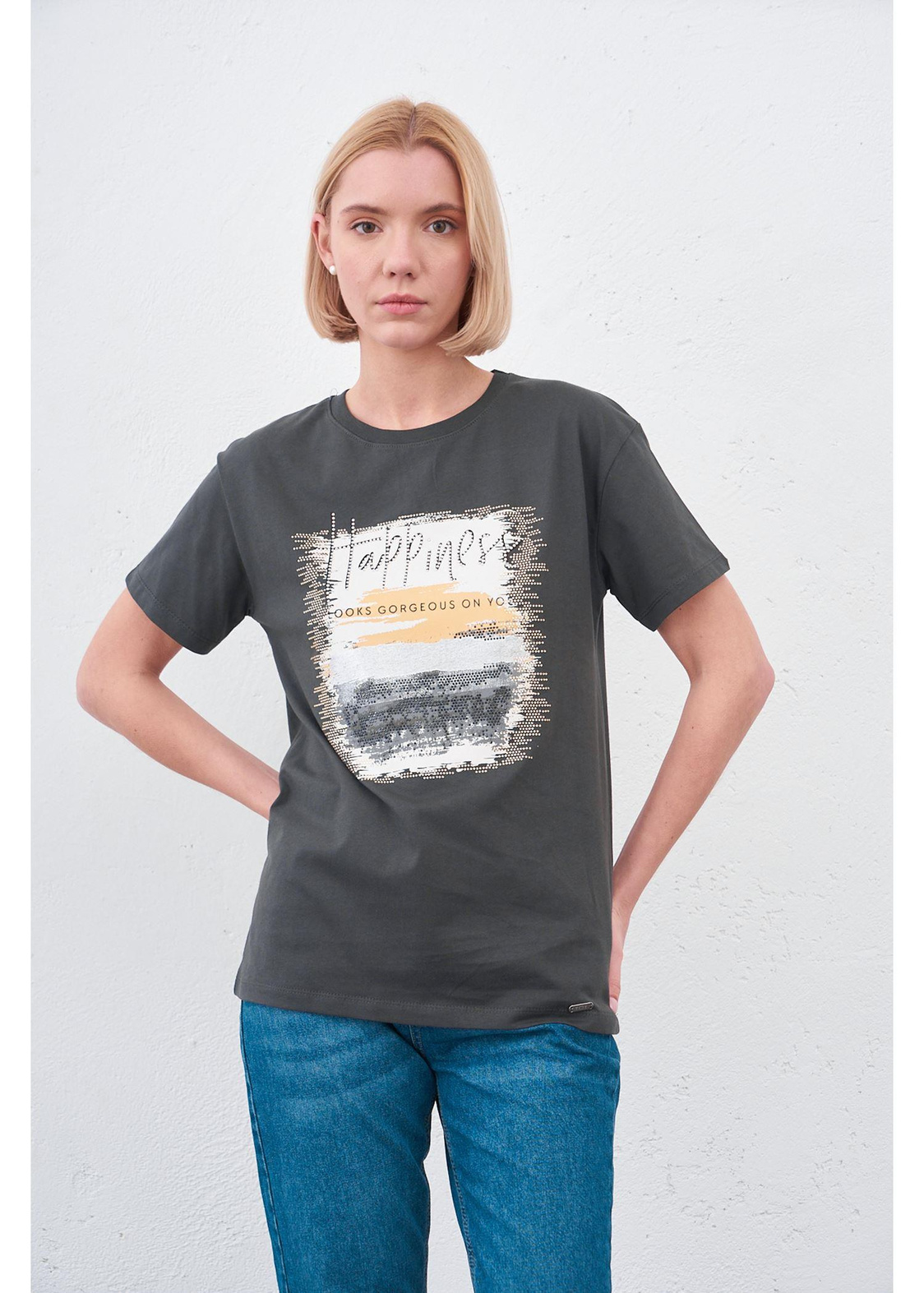 Happiness Baskılı T-shirt-Antrasit