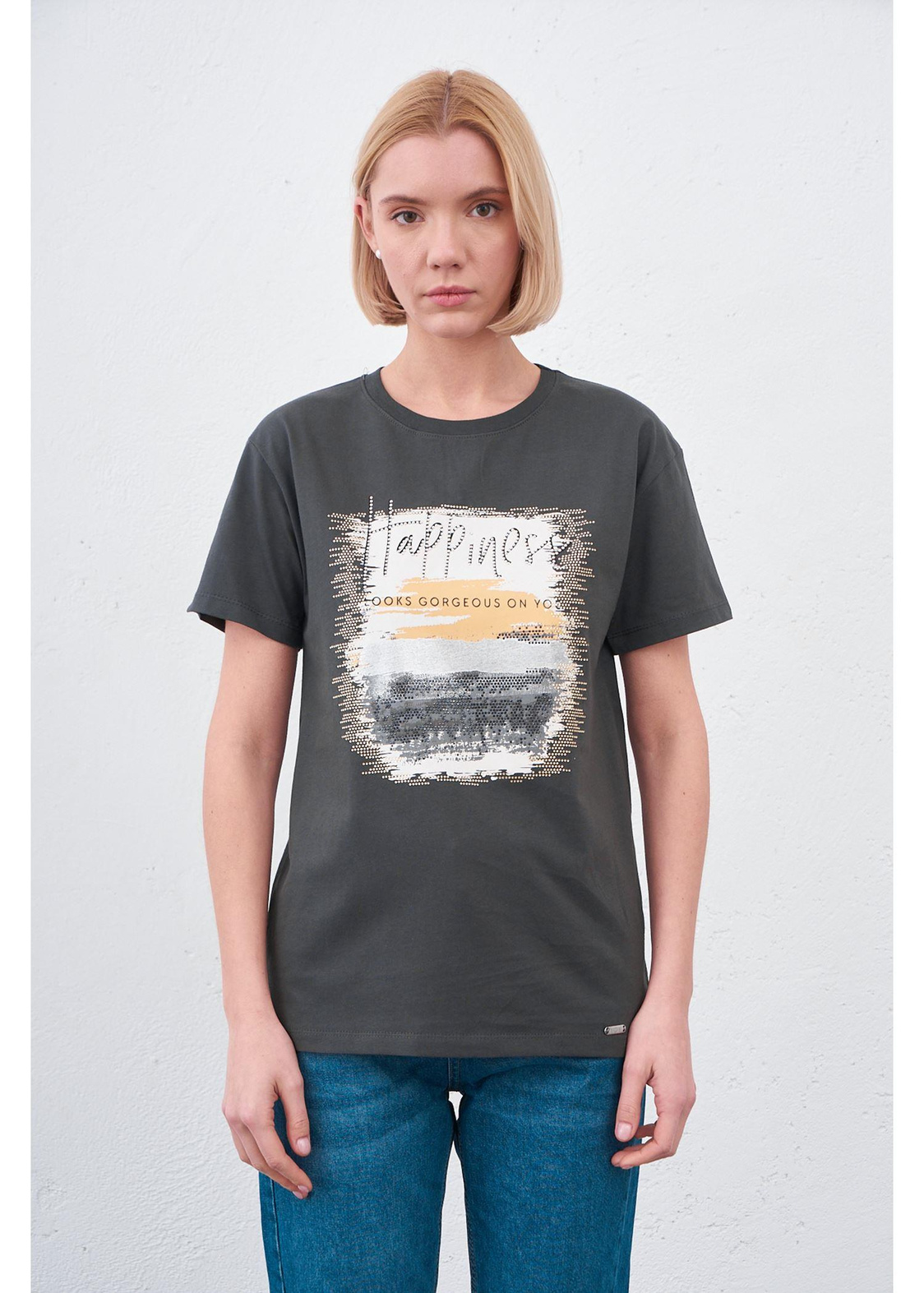 Happiness Baskılı T-shirt-Antrasit