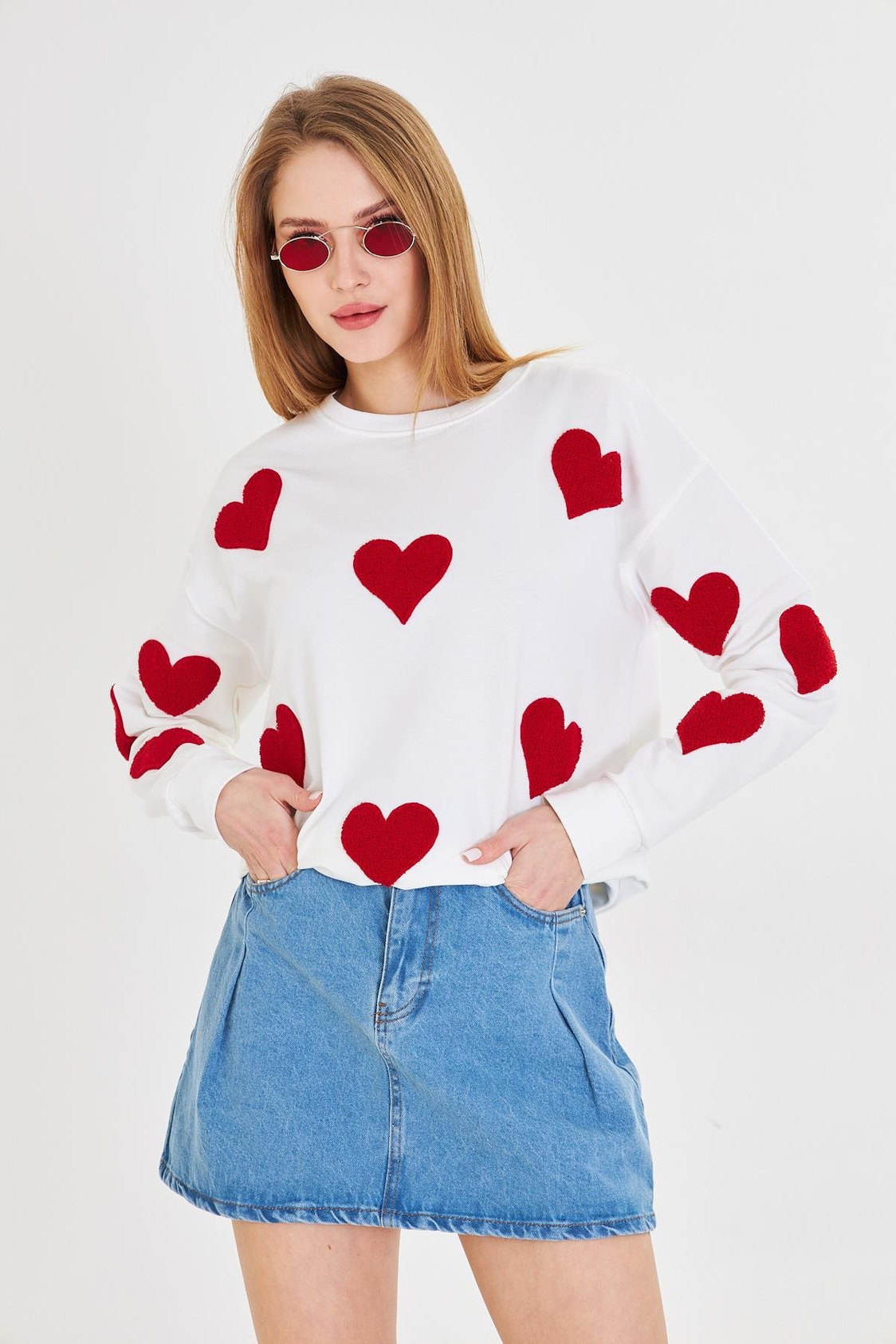 Havlu Kalp Baskılı İki İplik Sweatshirt