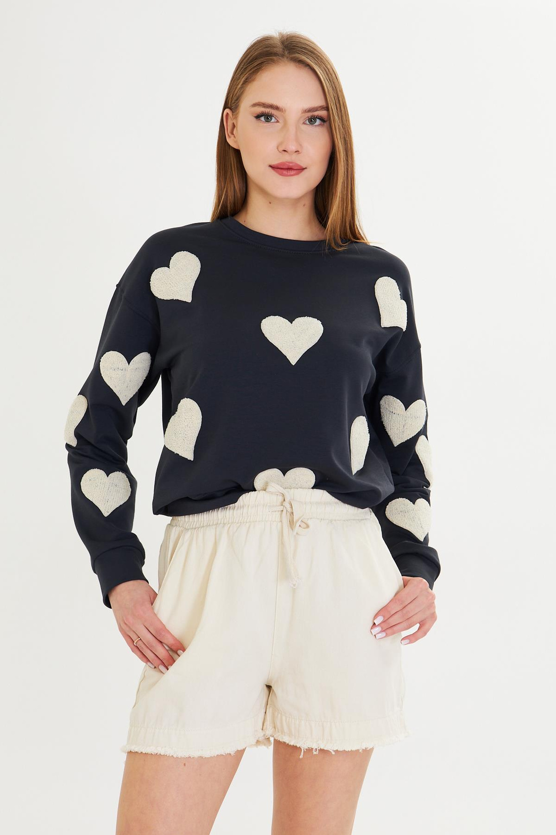 Havlu Kalp Baskılı İki İplik Sweatshirt