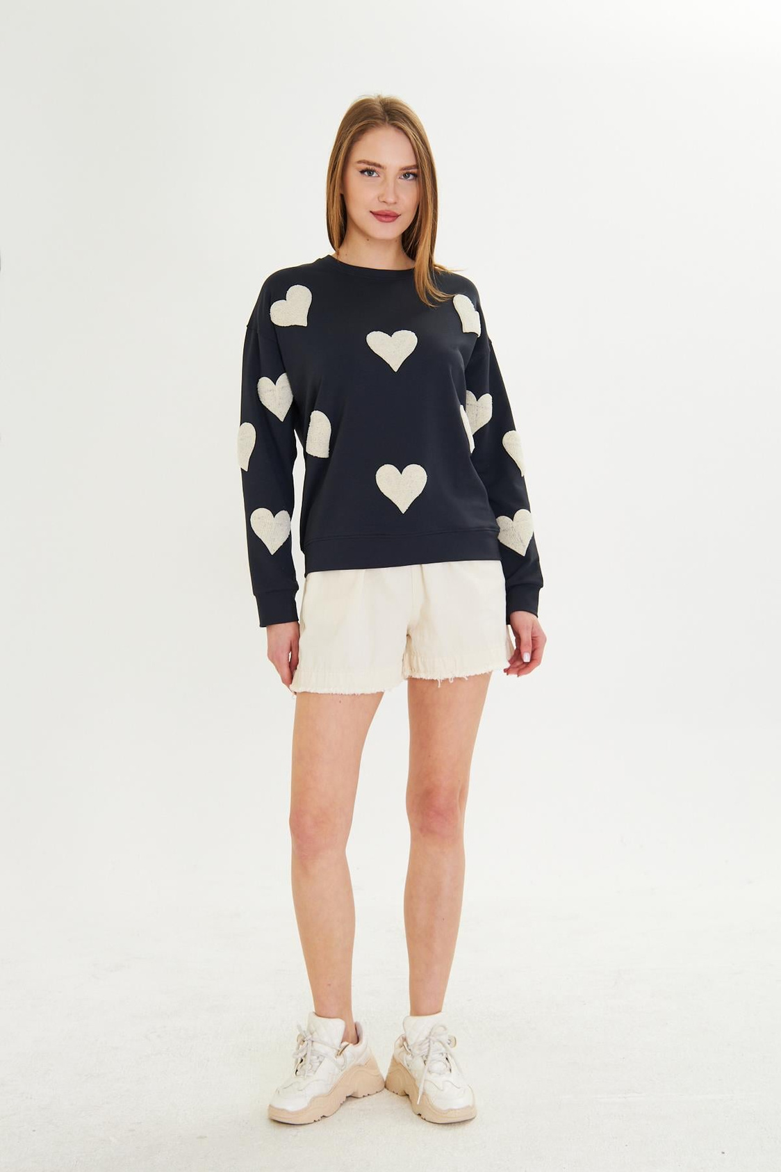 Havlu Kalp Baskılı İki İplik Sweatshirt