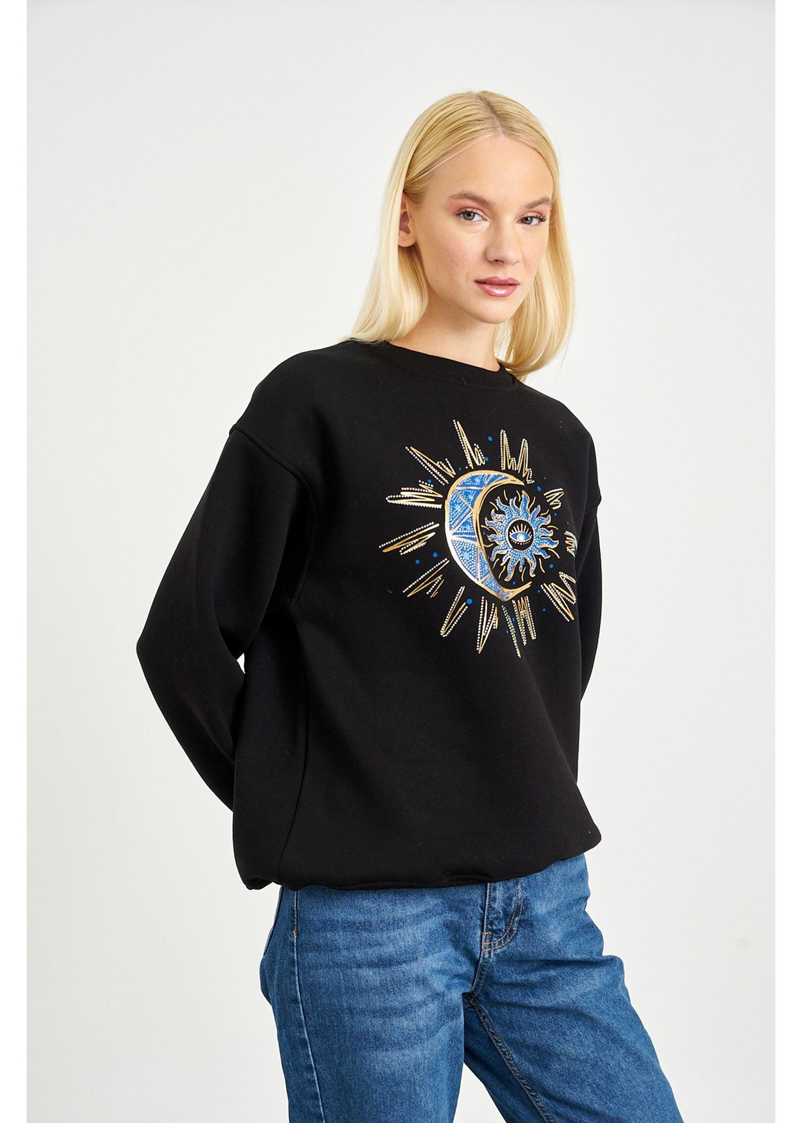 Hilal Yıldız Baskılı Sweatshirt-Siyah