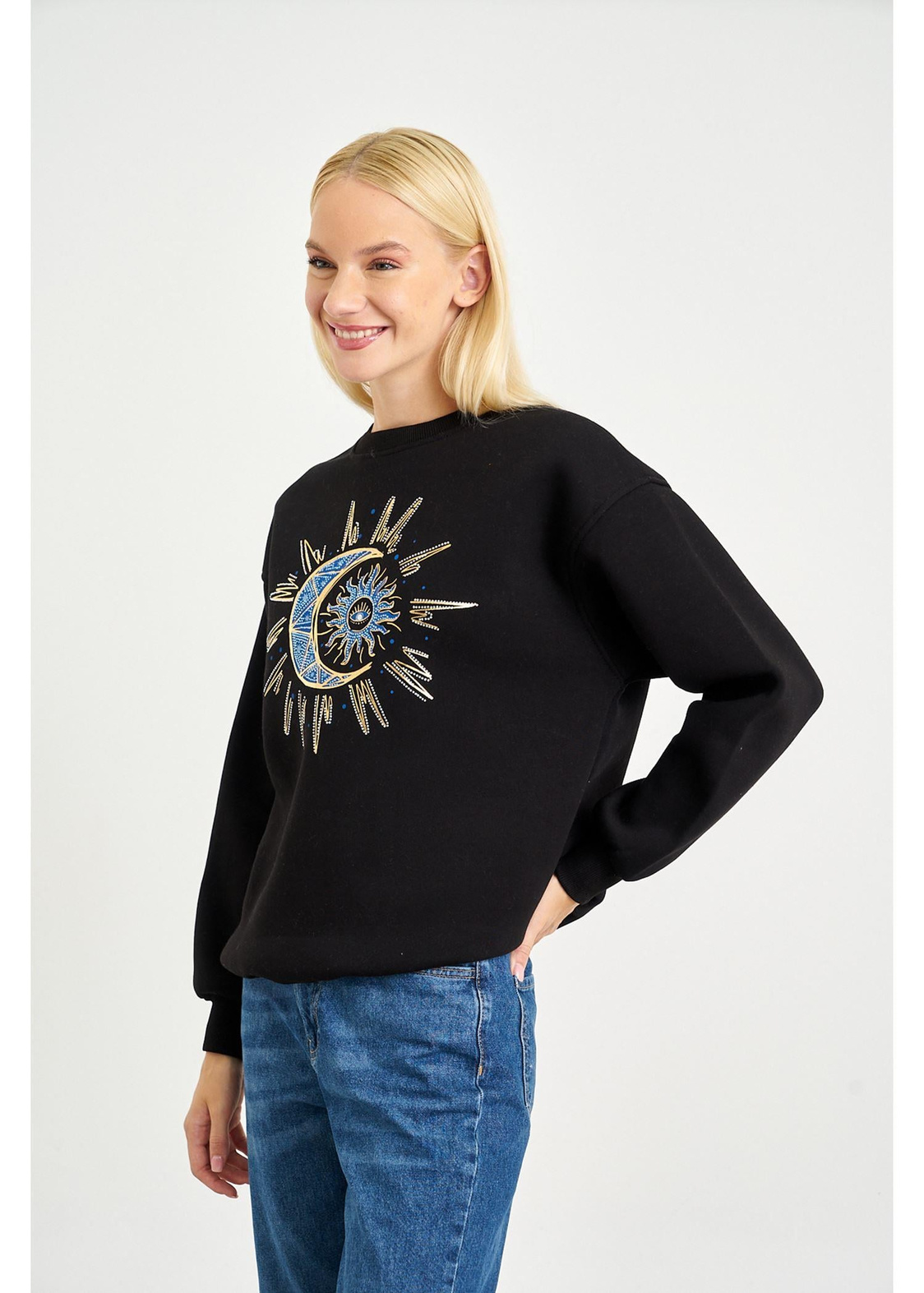 Hilal Yıldız Baskılı Sweatshirt-Siyah