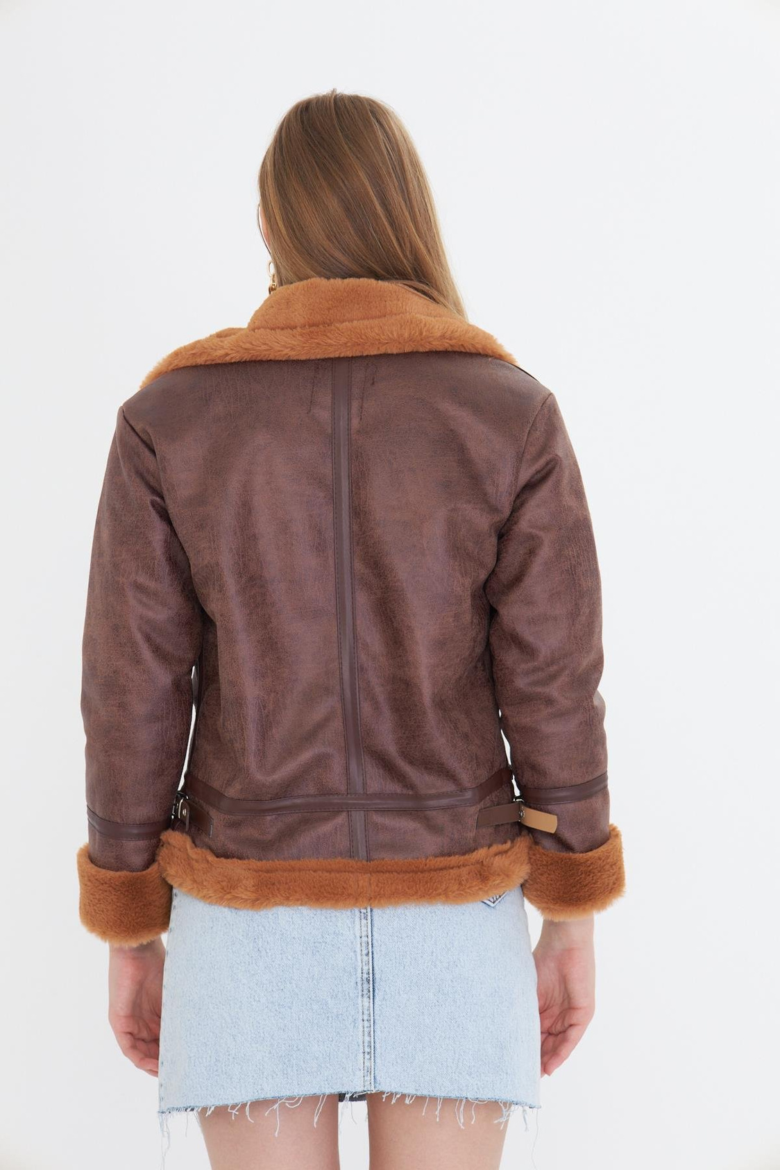 İçi Kürklü Fermuarlı Deri Mont - Camel