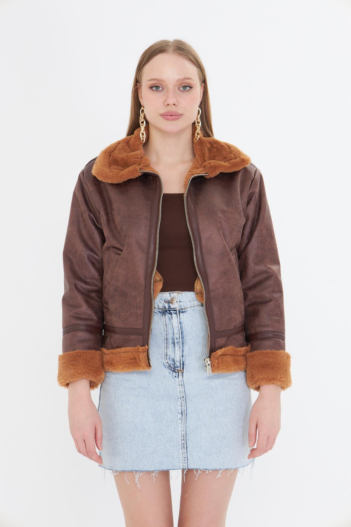 İçi Kürklü Fermuarlı Deri Mont - Camel