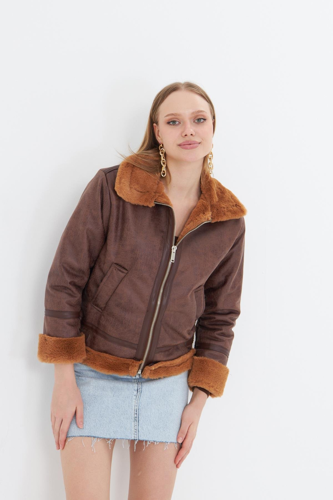 İçi Kürklü Fermuarlı Deri Mont - Camel