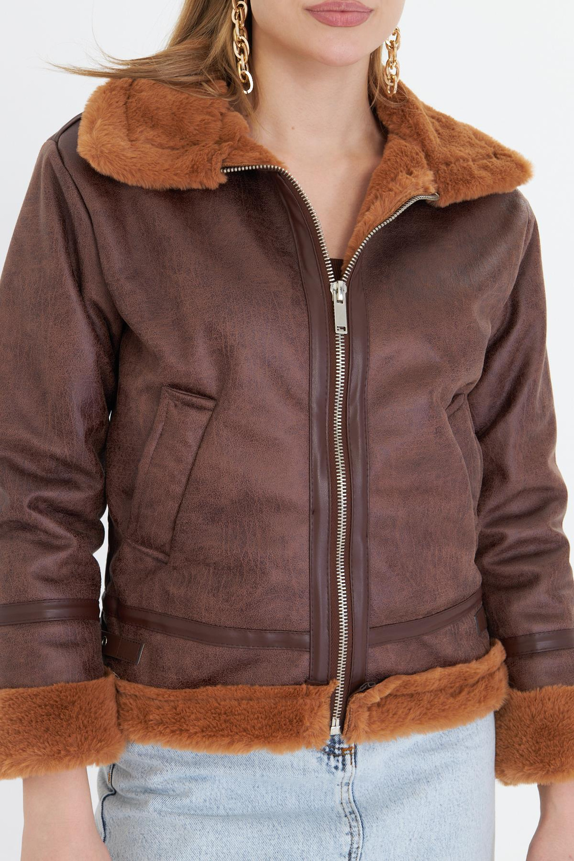 İçi Kürklü Fermuarlı Deri Mont - Camel