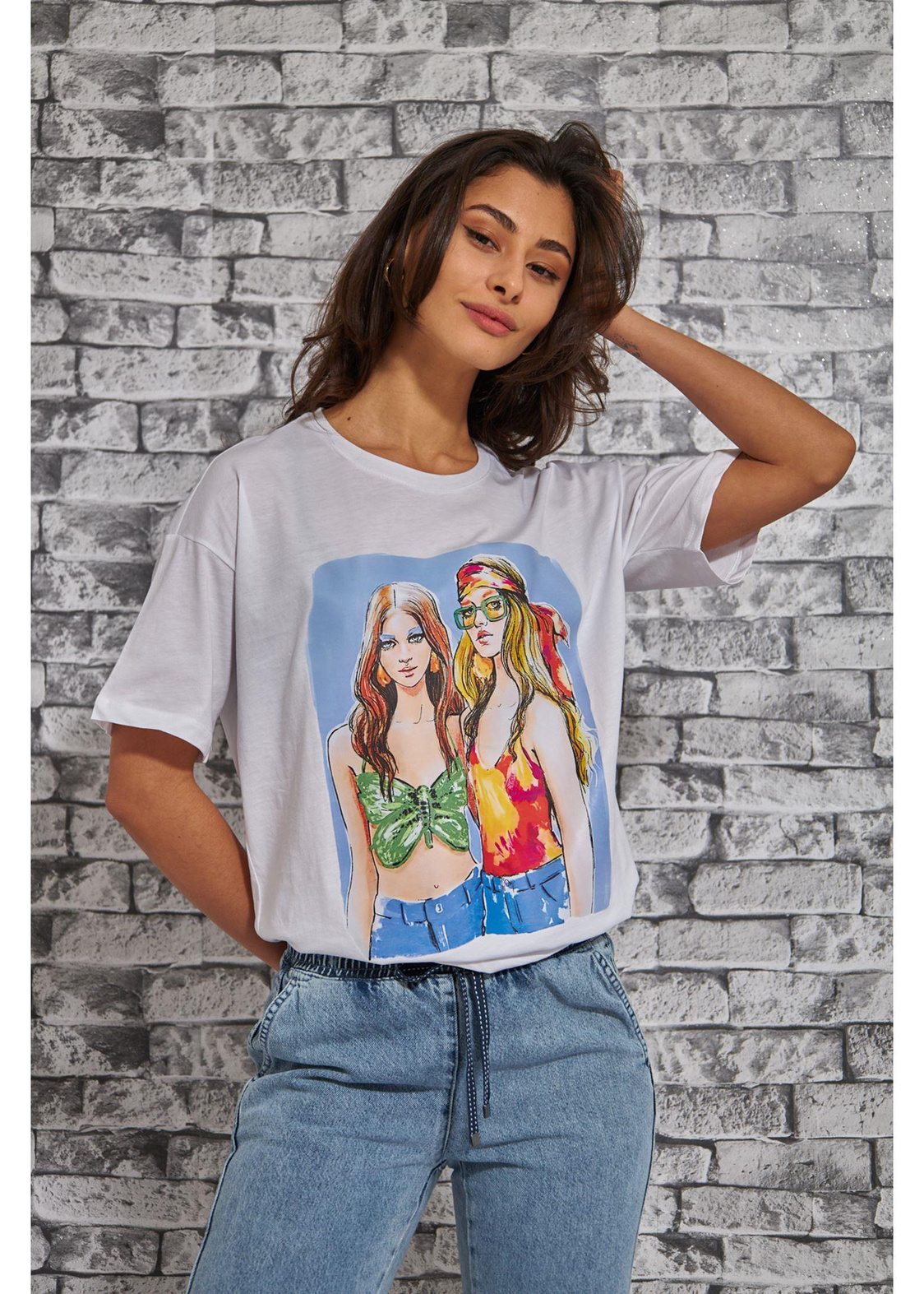 İki Kadın Baskılı Süprem T-Shirt-Beyaz