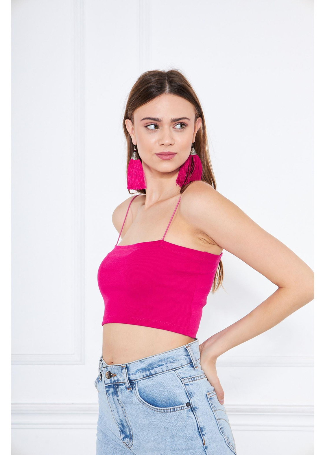 İnce Askılı Crop Atlet-Fuşya