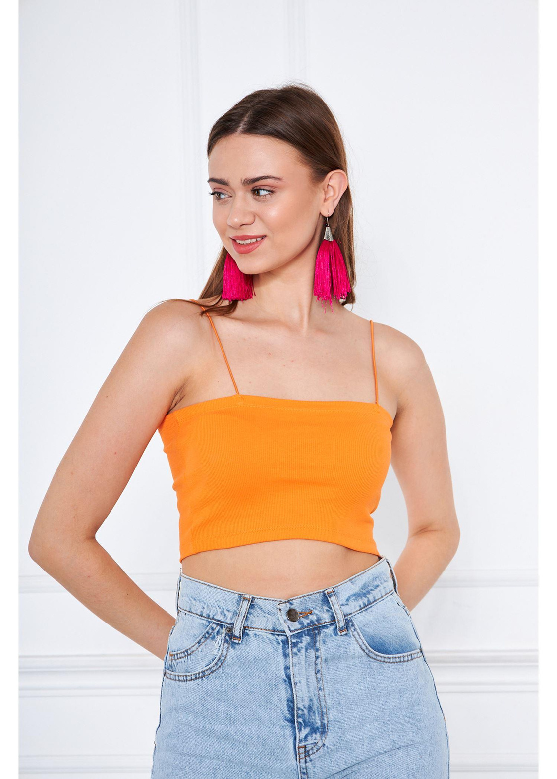 İnce Askılı Crop Atlet-Turuncu