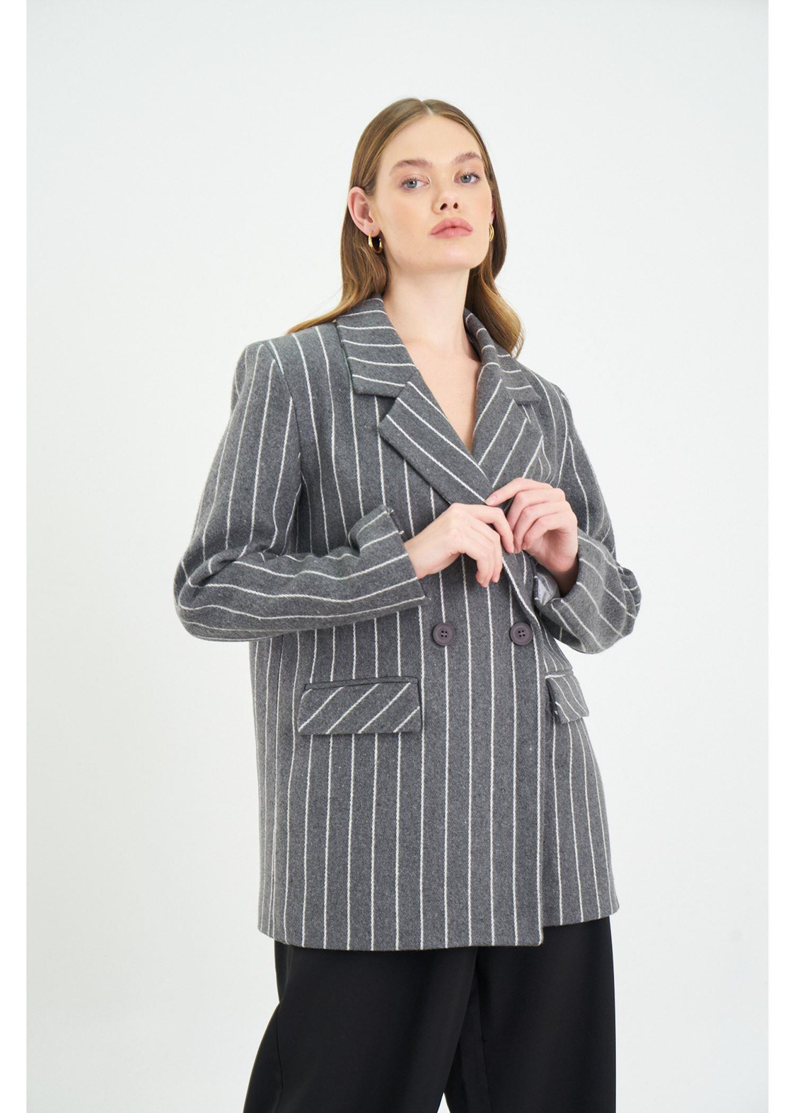 İnce Çizgili Kaşe Ceket-Antrasit