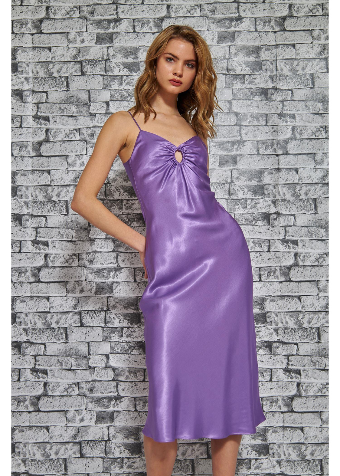 İp Askılı Saten Elbise-Mor