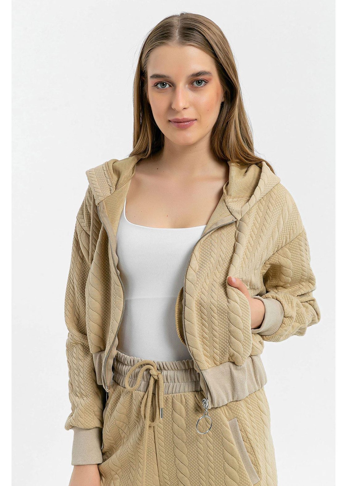 Jakarlı Fermuarlı Sweat-Bej