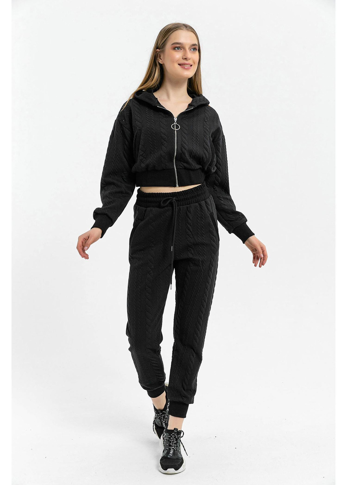 Jakarlı Fermuarlı Sweat-Siyah