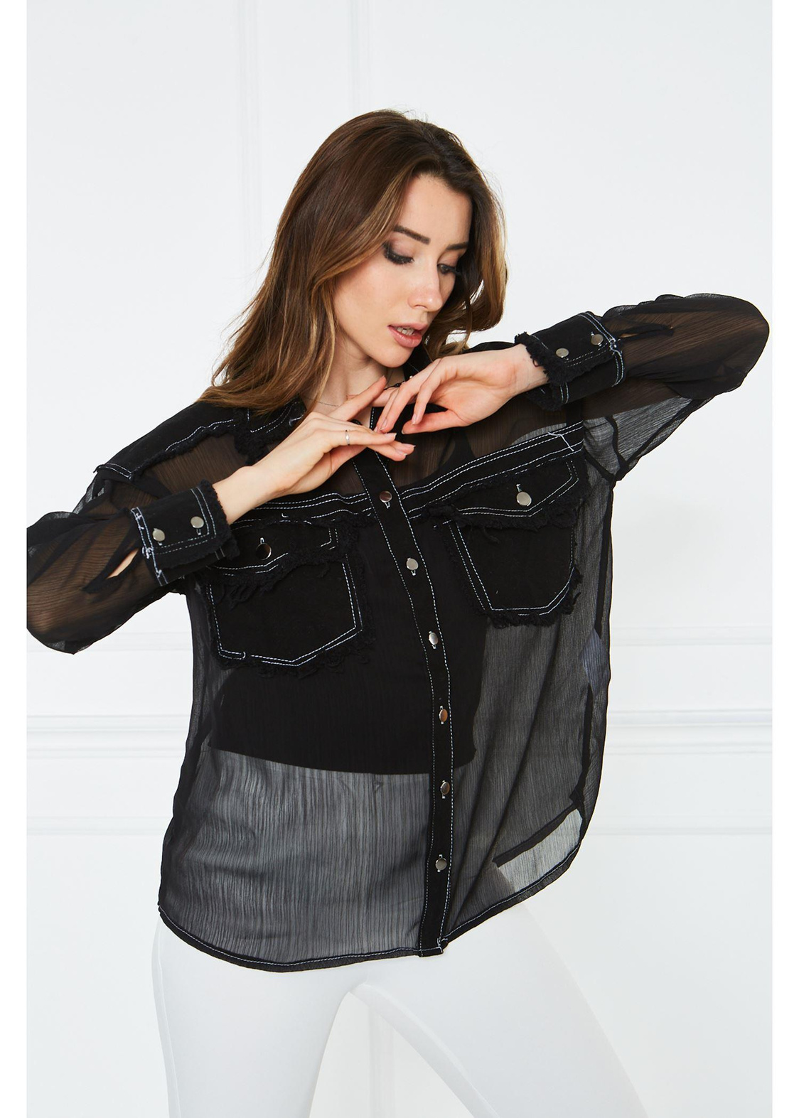 Jean Kumaş Detaylı Bol Kalıp Tül Gömlek-Siyah