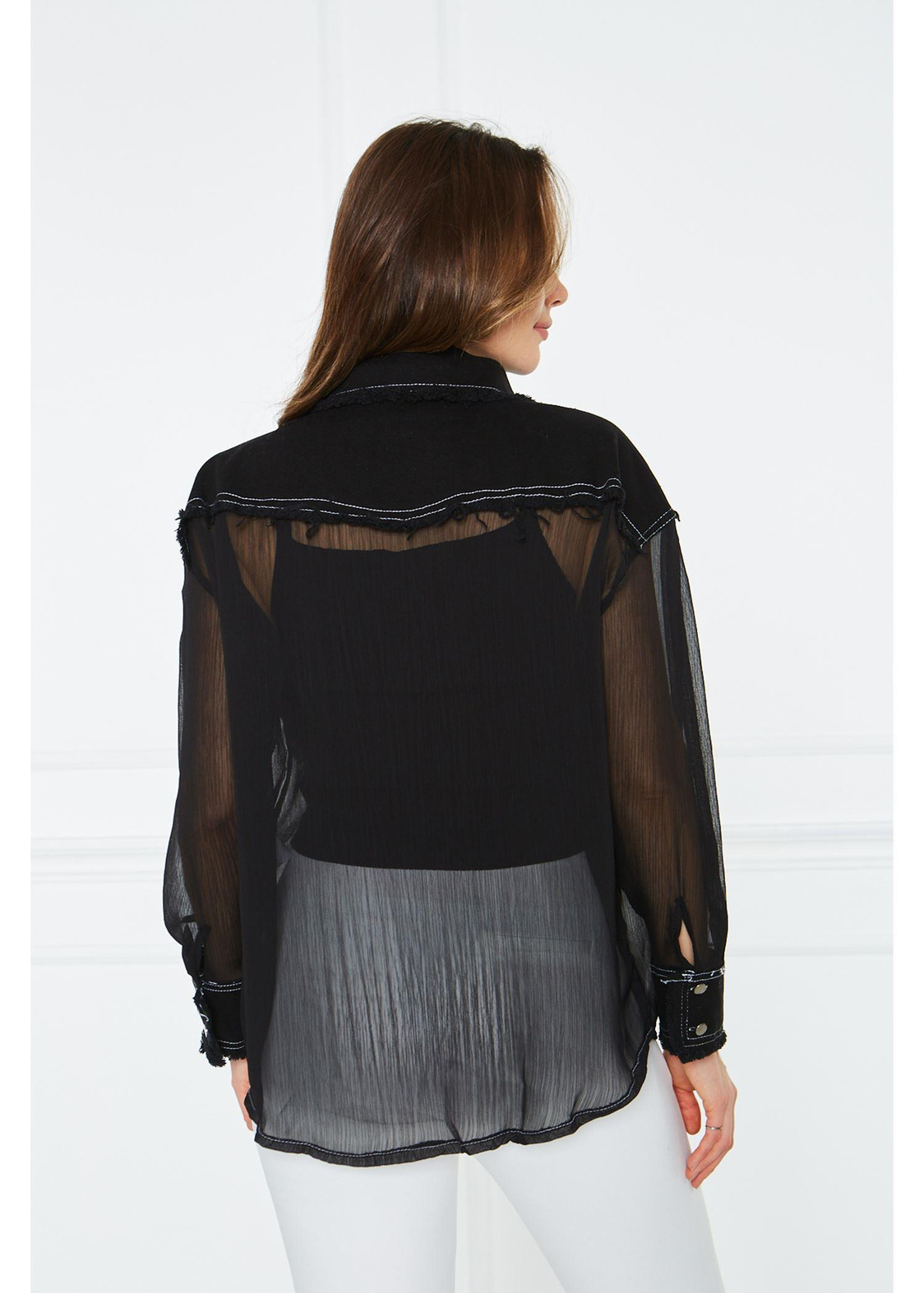 Jean Kumaş Detaylı Bol Kalıp Tül Gömlek-Siyah