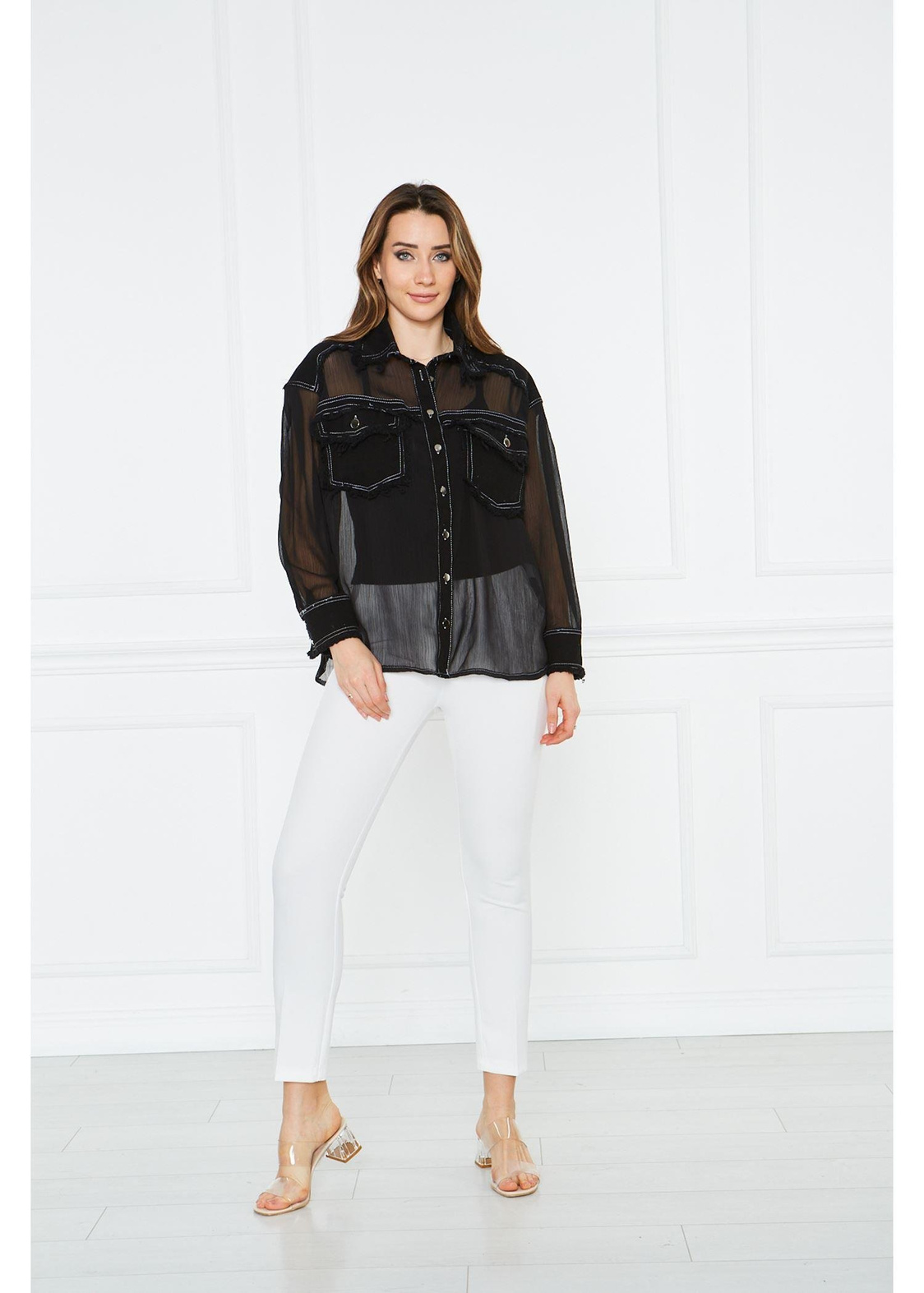 Jean Kumaş Detaylı Bol Kalıp Tül Gömlek-Siyah