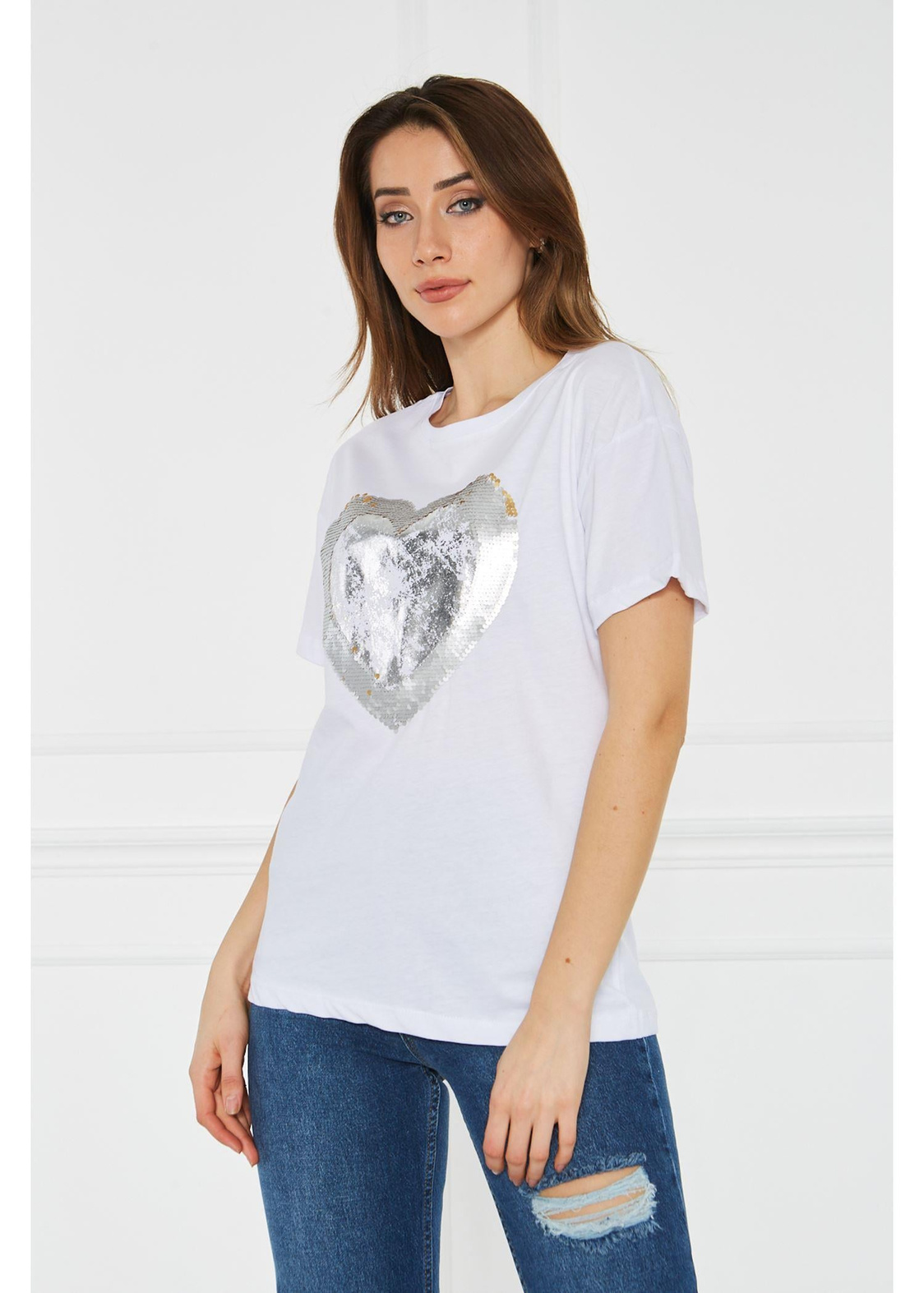 Kalp Baskılı Boncuk Detaylı Tshirt-Beyaz