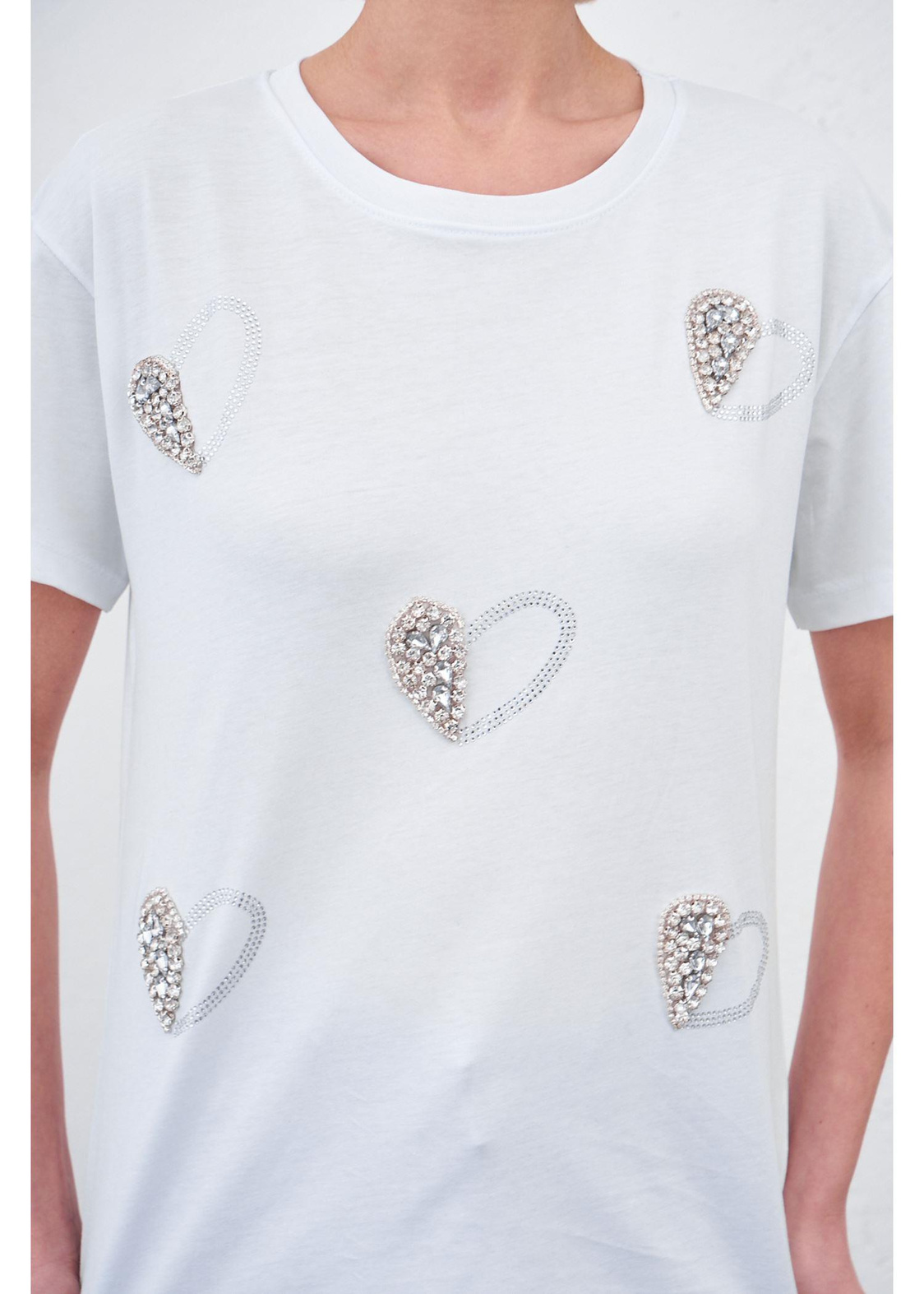 Kalp Baskılı Taşlı T-shirt-Beyaz