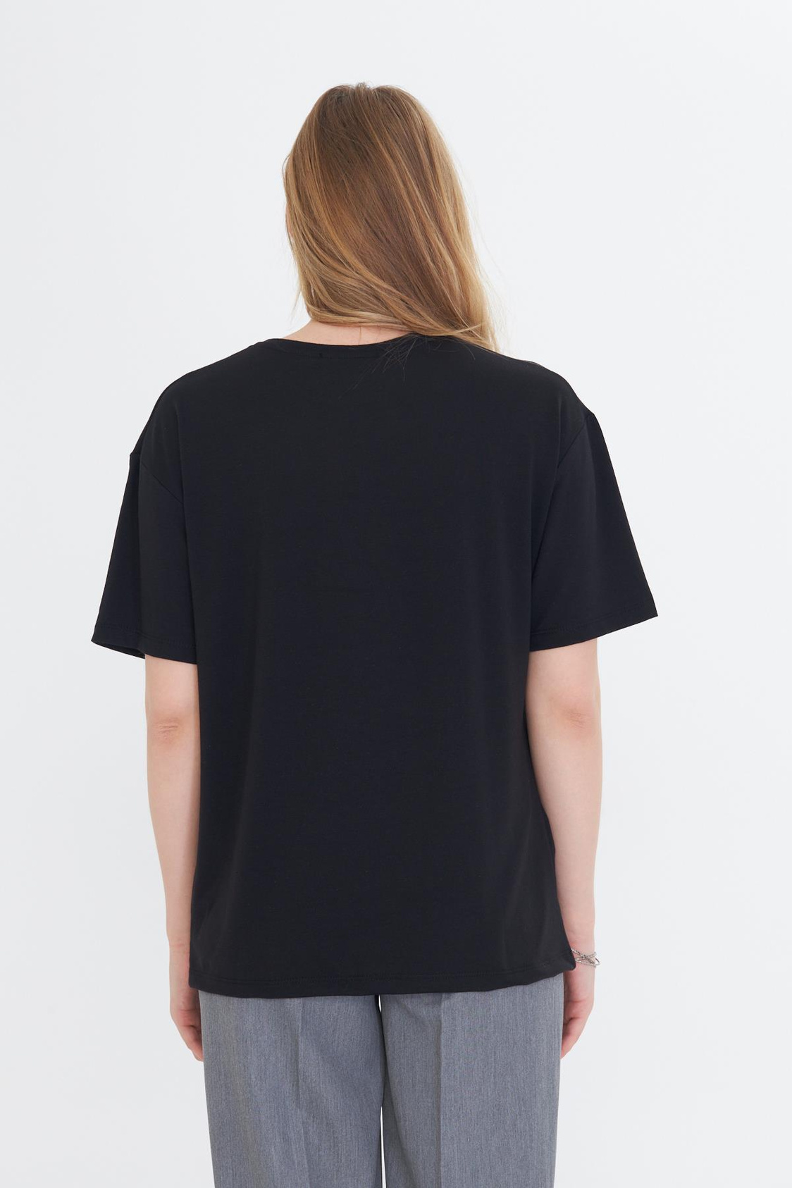 Kalp İşlemeli Taşlı T-shirt - Siyah