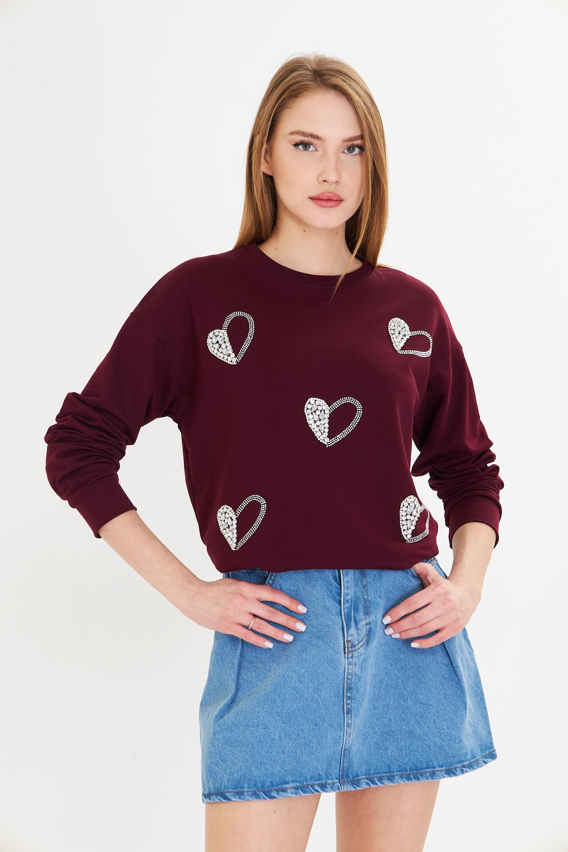 Kalpli Taş Baskılı Sweatshirt