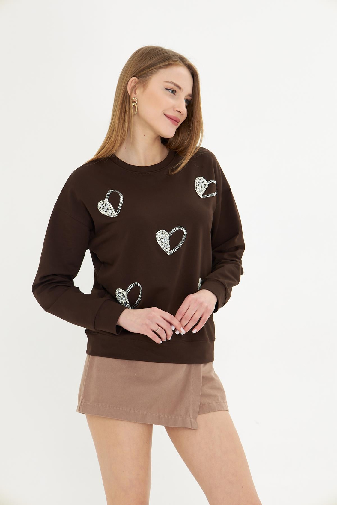 Kalpli Taş Baskılı Sweatshirt