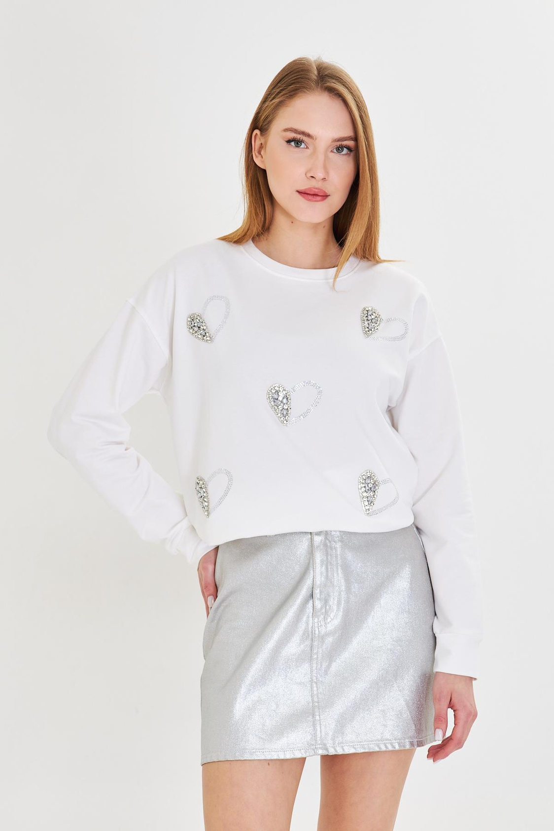 Kalpli Taş Baskılı Sweatshirt-Ekru