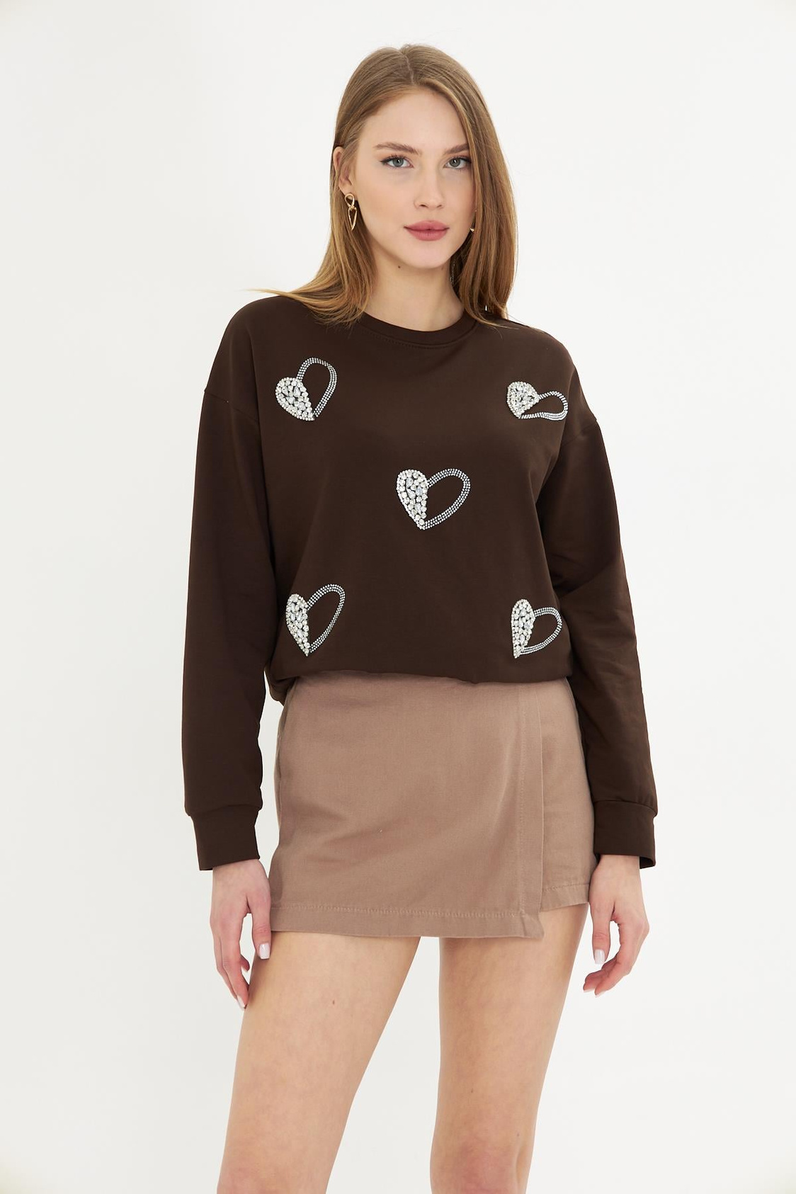 Kalpli Taş Baskılı Sweatshirt