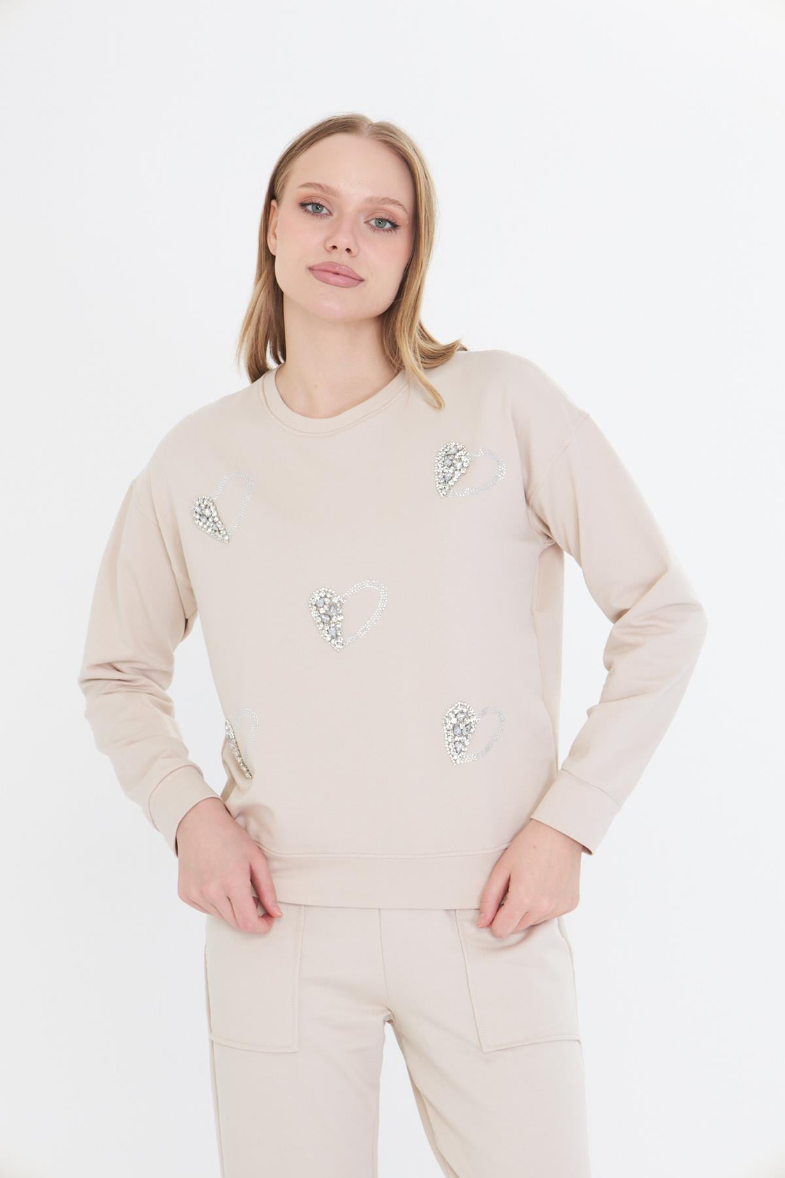 Kalpli Taş Baskılı Sweatshirt - Taş