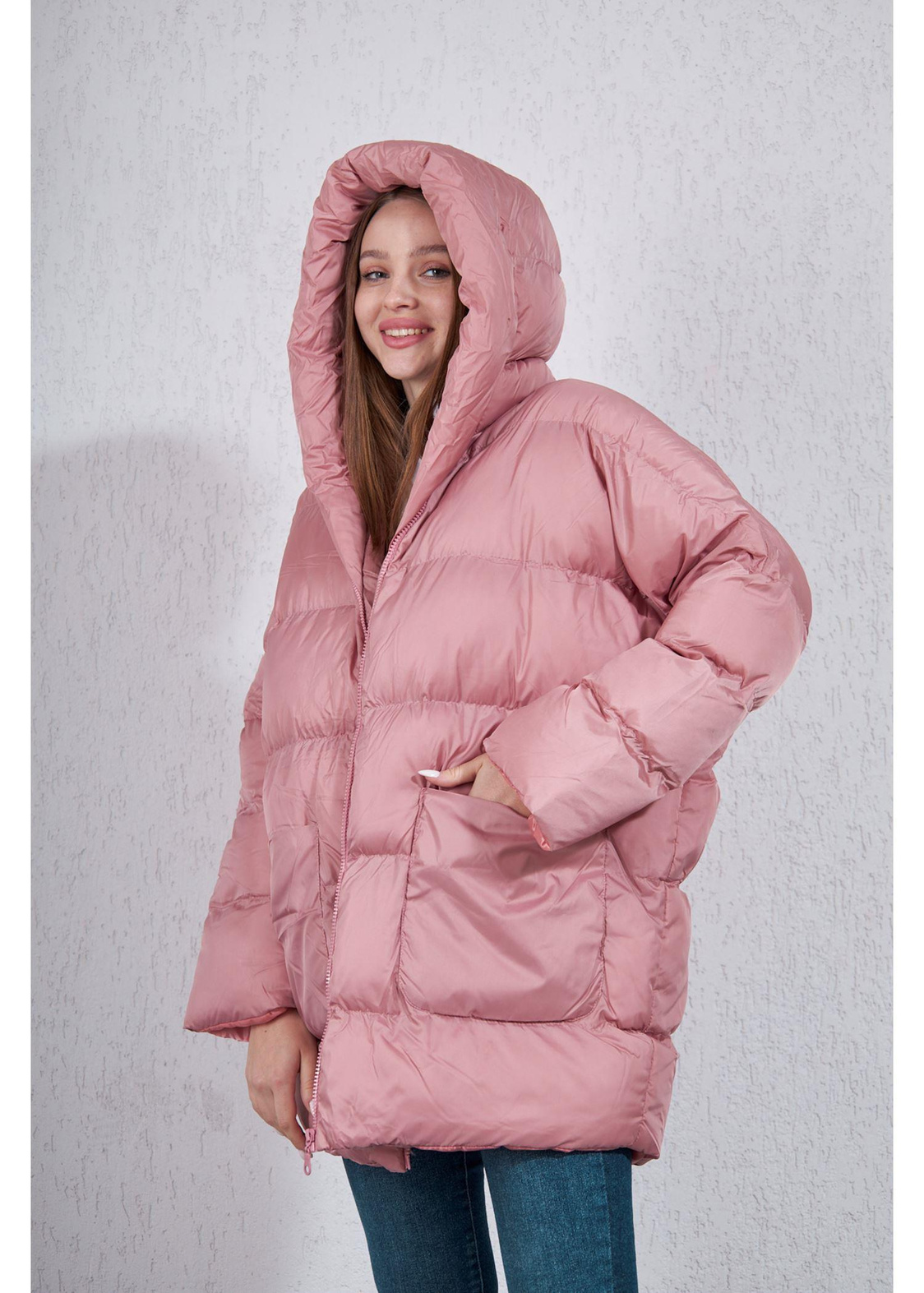 Kapitone Kumaş Kapüşonlu  Oversize Kısa Mont
