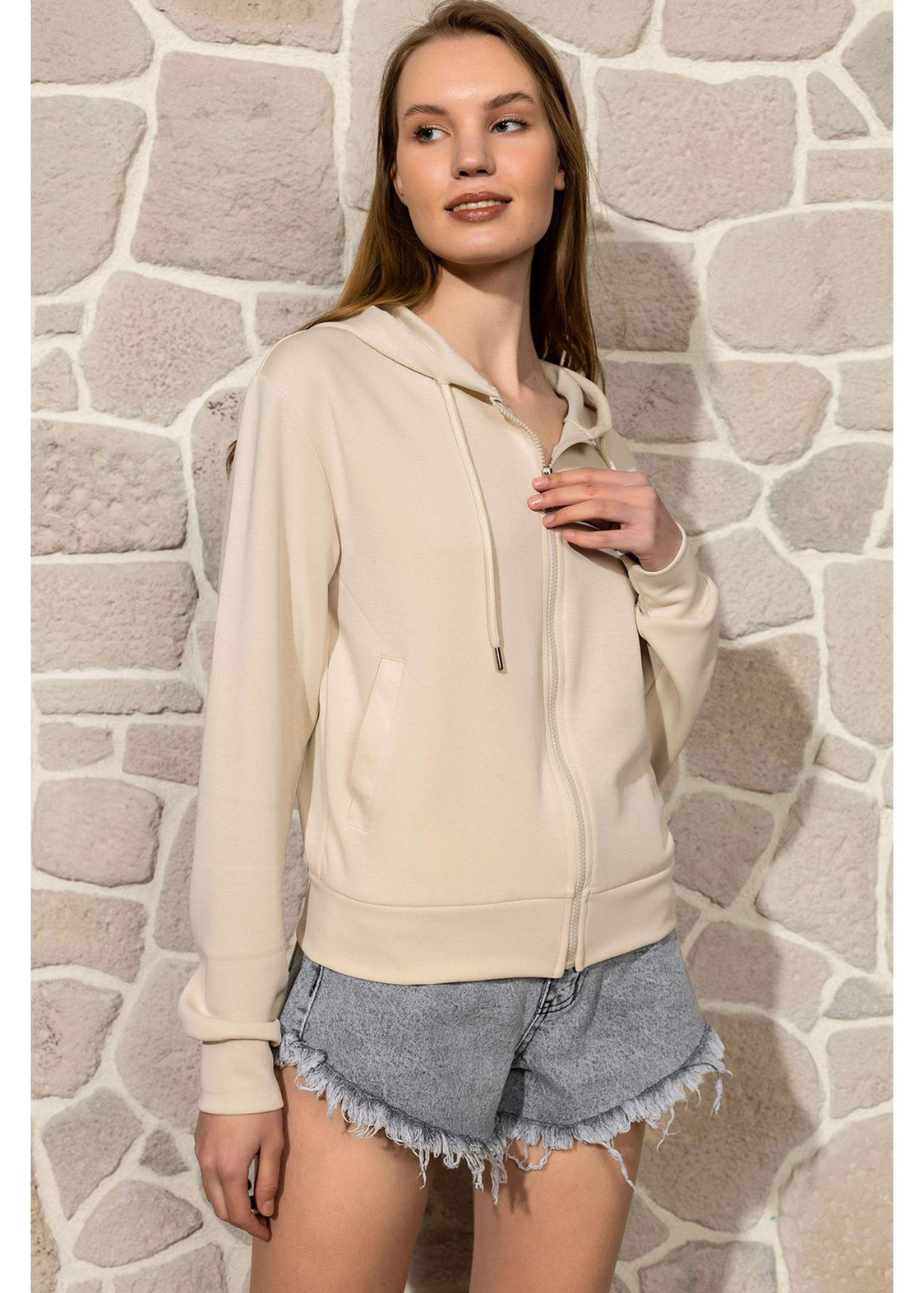 Kapüşonlu Fermuarlı Dalgıç Sweatshirt-Bej