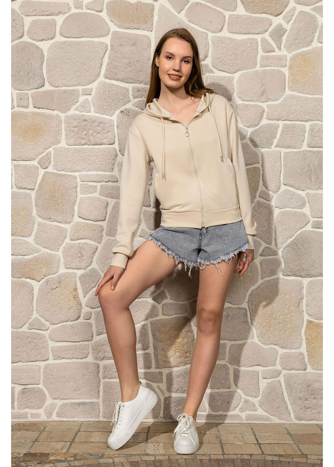 Kapüşonlu Fermuarlı Dalgıç Sweatshirt-Bej