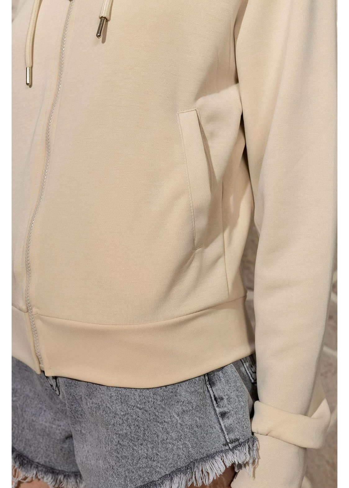 Kapüşonlu Fermuarlı Dalgıç Sweatshirt-Bej