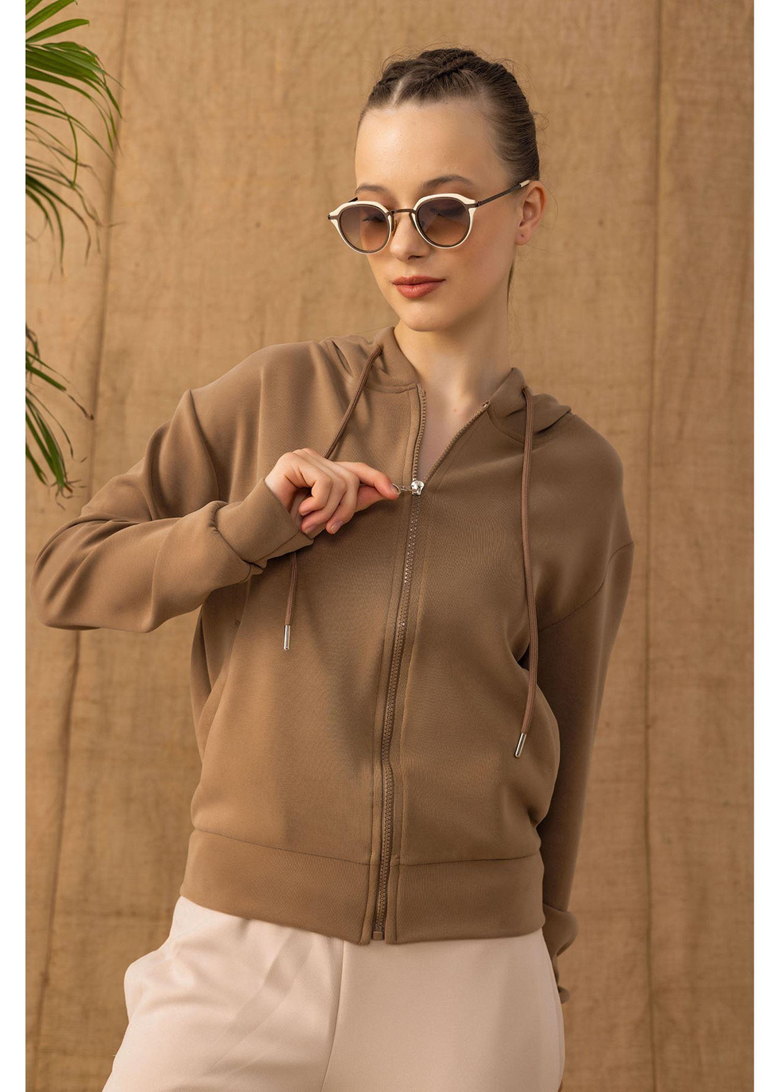 Kapüşonlu Fermuarlı Dalgıç Sweatshirt-Camel